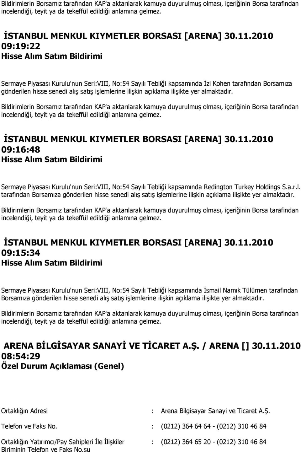 almaktadır. 2010 09:16:48 Sermaye Piyasası Kurulu'nun Seri:VIII, No:54 Sayılı Tebliği kapsamında Redington Turkey Holdings S.a.r.l. tarafından Borsamıza gönderilen hisse senedi alıģ satıģ iģlemlerine iliģkin açıklama iliģikte yer almaktadır.