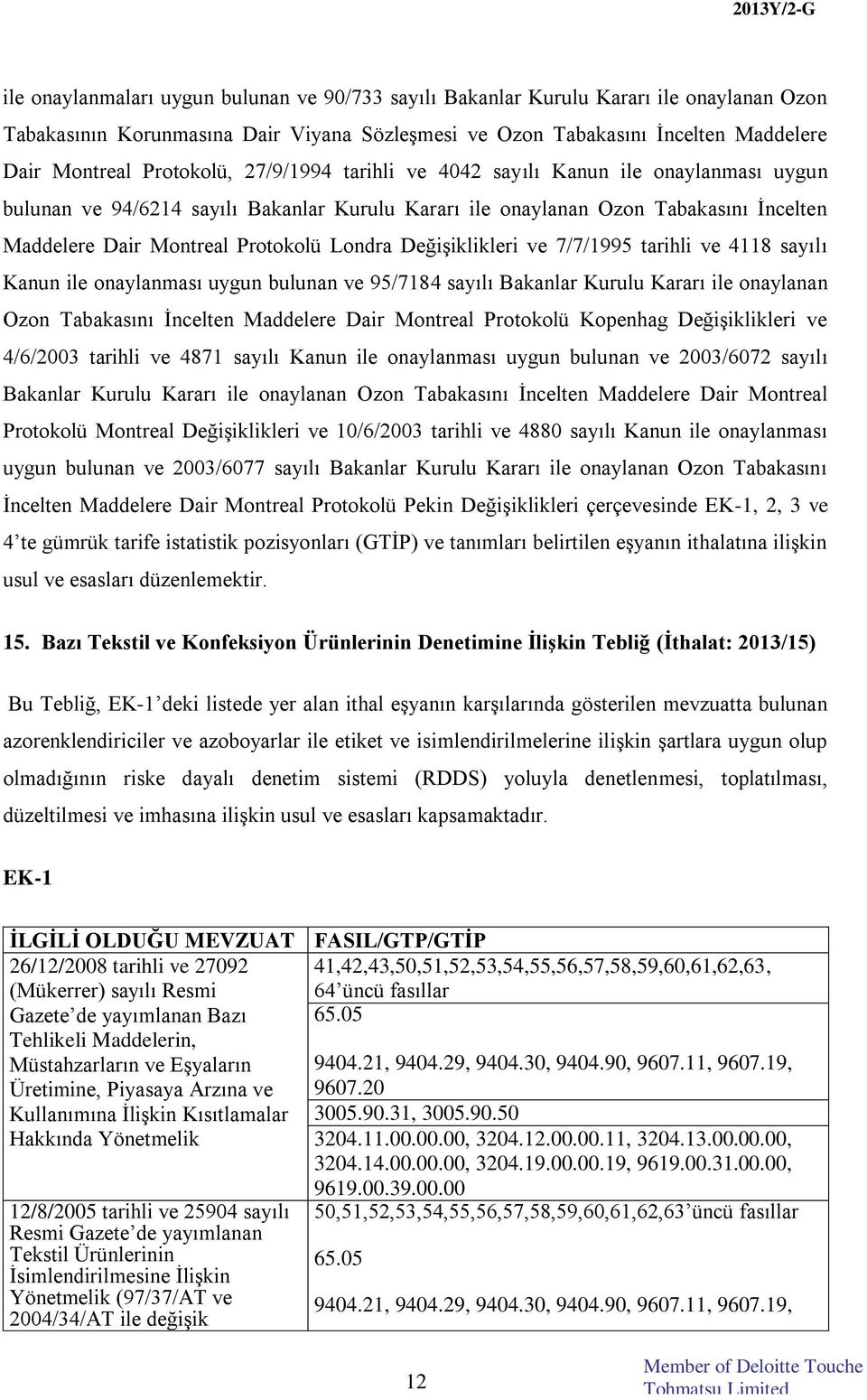 Londra Değişiklikleri ve 7/7/1995 tarihli ve 4118 sayılı Kanun ile onaylanması uygun bulunan ve 95/7184 sayılı Bakanlar Kurulu Kararı ile onaylanan Ozon Tabakasını İncelten Maddelere Dair Montreal