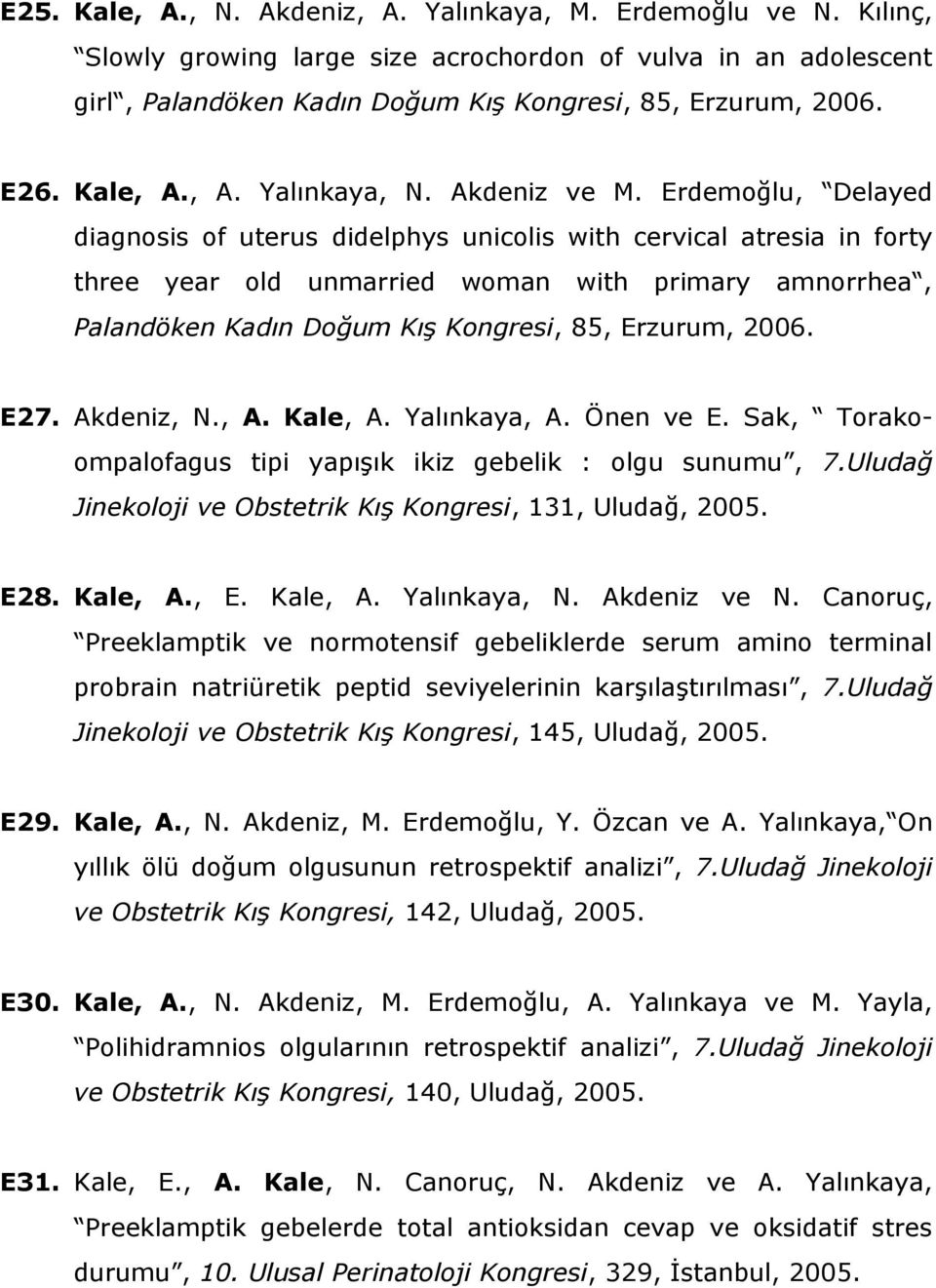 Erdemoğlu, Delayed diagnosis of uterus didelphys unicolis with cervical atresia in forty three year old unmarried woman with primary amnorrhea, Palandöken Kadın Doğum Kış Kongresi, 85, Erzurum, 2006.