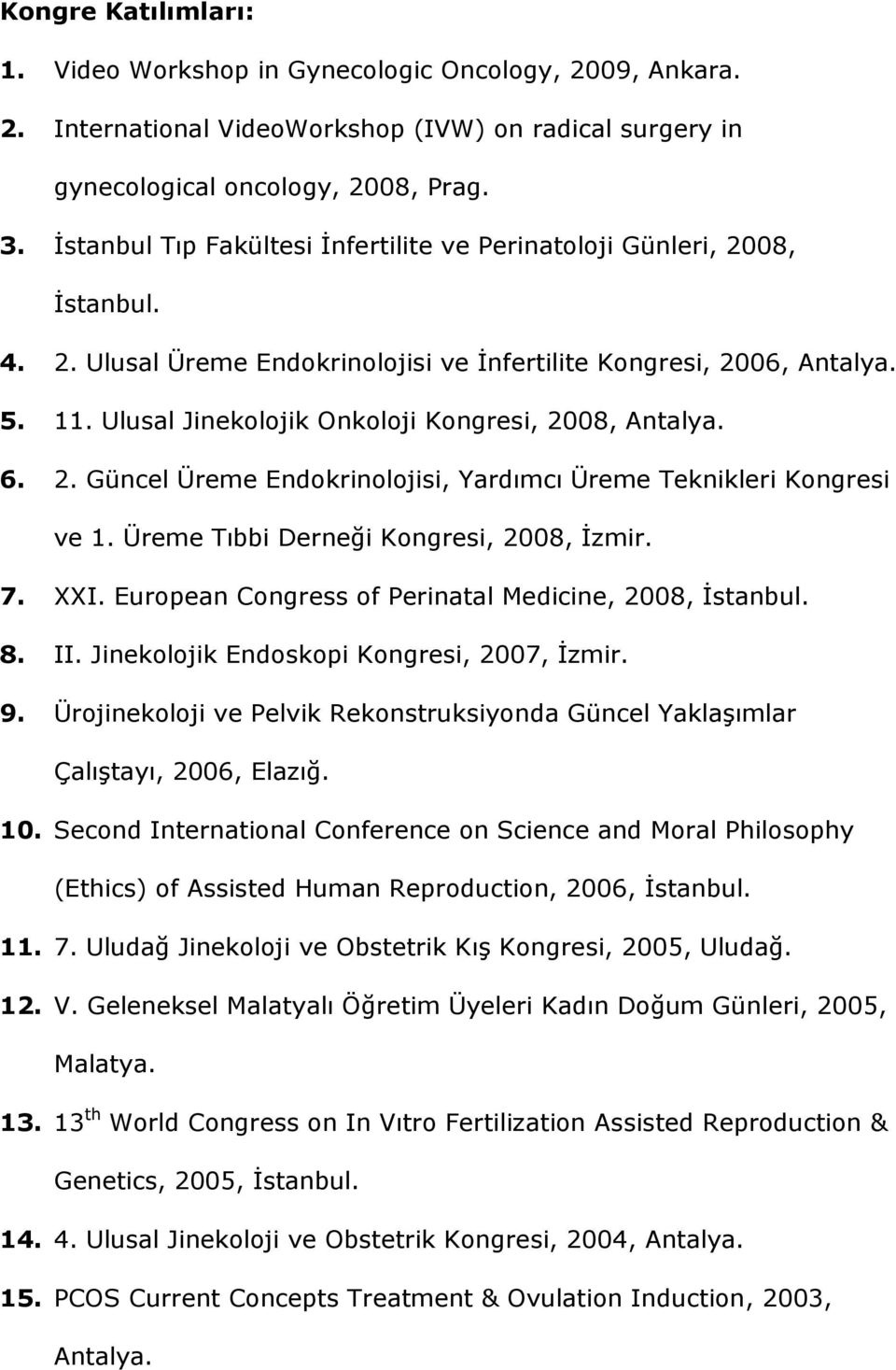 Ulusal Jinekolojik Onkoloji Kongresi, 2008, Antalya. 6. 2. Güncel Üreme Endokrinolojisi, Yardımcı Üreme Teknikleri Kongresi ve 1. Üreme Tıbbi Derneği Kongresi, 2008, İzmir. 7. XXI.