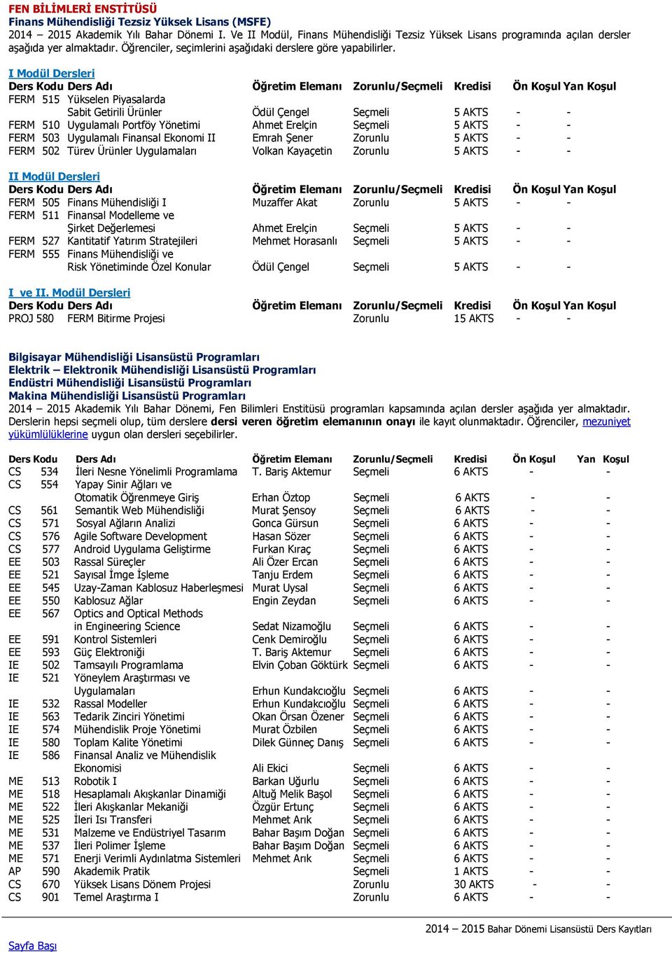 I Modül Dersleri FERM 515 Yükselen Piyasalarda Sabit Getirili Ürünler Ödül Çengel Seçmeli 5 AKTS - - FERM 510 Uygulamalı Portföy Yönetimi Ahmet Erelçin Seçmeli 5 AKTS - - FERM 503 Uygulamalı Finansal