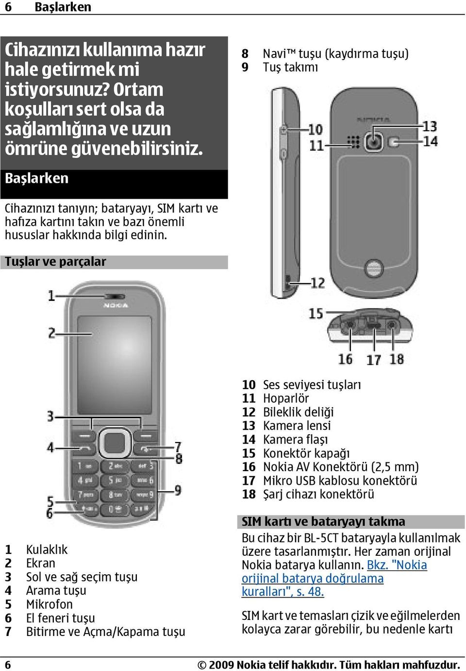 Tuşlar ve parçalar 10 Ses seviyesi tuşları 11 Hoparlör 12 Bileklik deliği 13 Kamera lensi 14 Kamera flaşı 15 Konektör kapağı 16 Nokia AV Konektörü (2,5 mm) 17 Mikro USB kablosu konektörü 18 Şarj