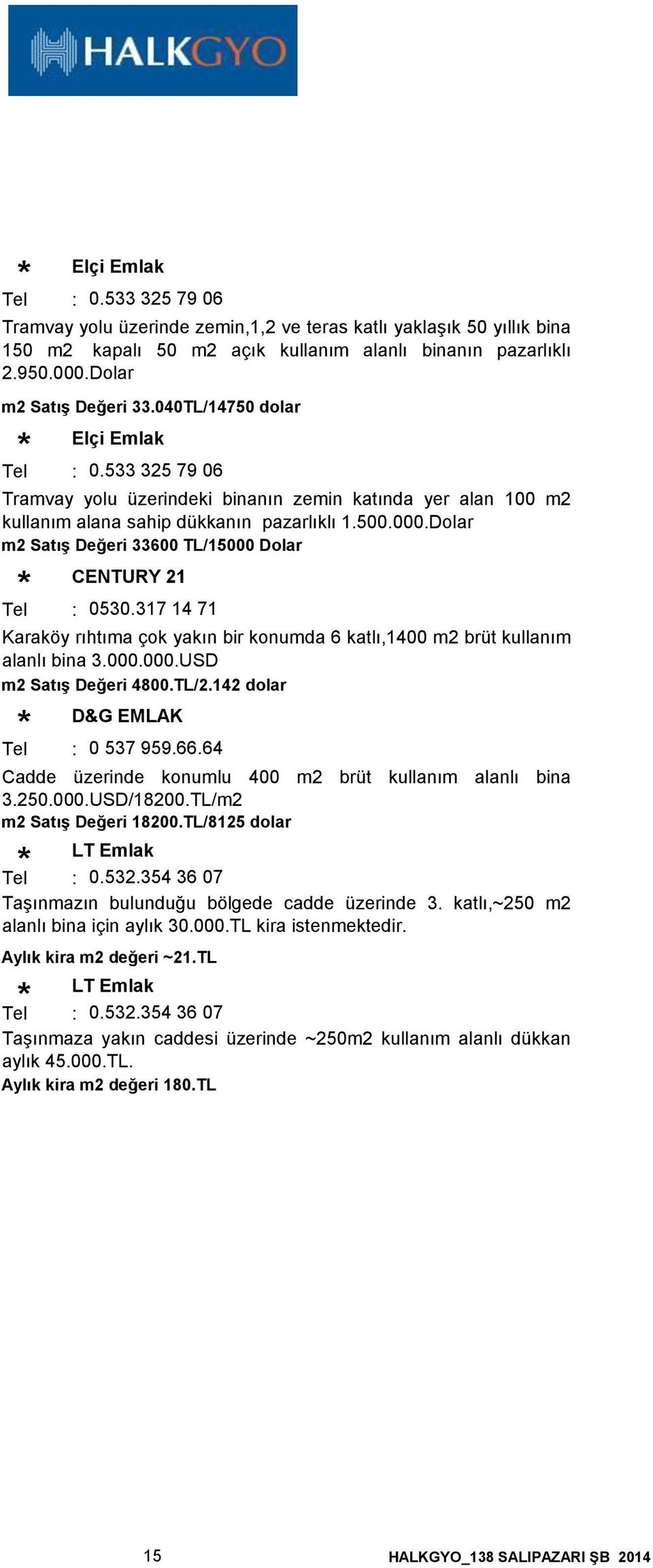 317 14 71 Karaköy rıhtıma çok yakın bir konumda 6 katlı,1400 m2 brüt kullanım alanlı bina 3.000.000.USD m2 Satış Değeri 4800.TL/2.142 dolar D&G EMLAK Tel 0 537 959.66.64 Elçi Emlak m2 Satış Değeri 33.