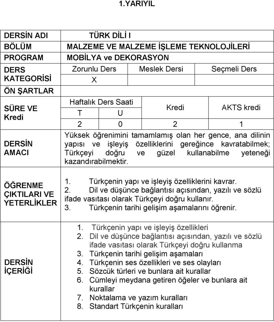 Türkçenin tarihi gelişim aşamalarını öğrenir. 1. Türkçenin yapı ve işleyiş özellikleri 2. Dil ve düşünce bağlantısı açısından, yazılı ve sözlü ifade vasıtası olarak Türkçeyi doğru kullanma 3.