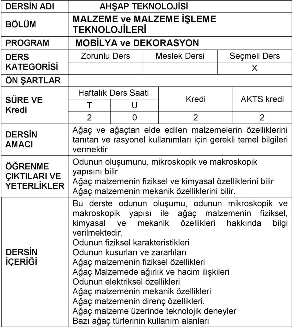 Bu derste odunun oluşumu, odunun mikroskopik ve makroskopik yapısı ile ağaç malzemenin fiziksel, kimyasal ve mekanik özellikleri hakkında bilgi verilmektedir.