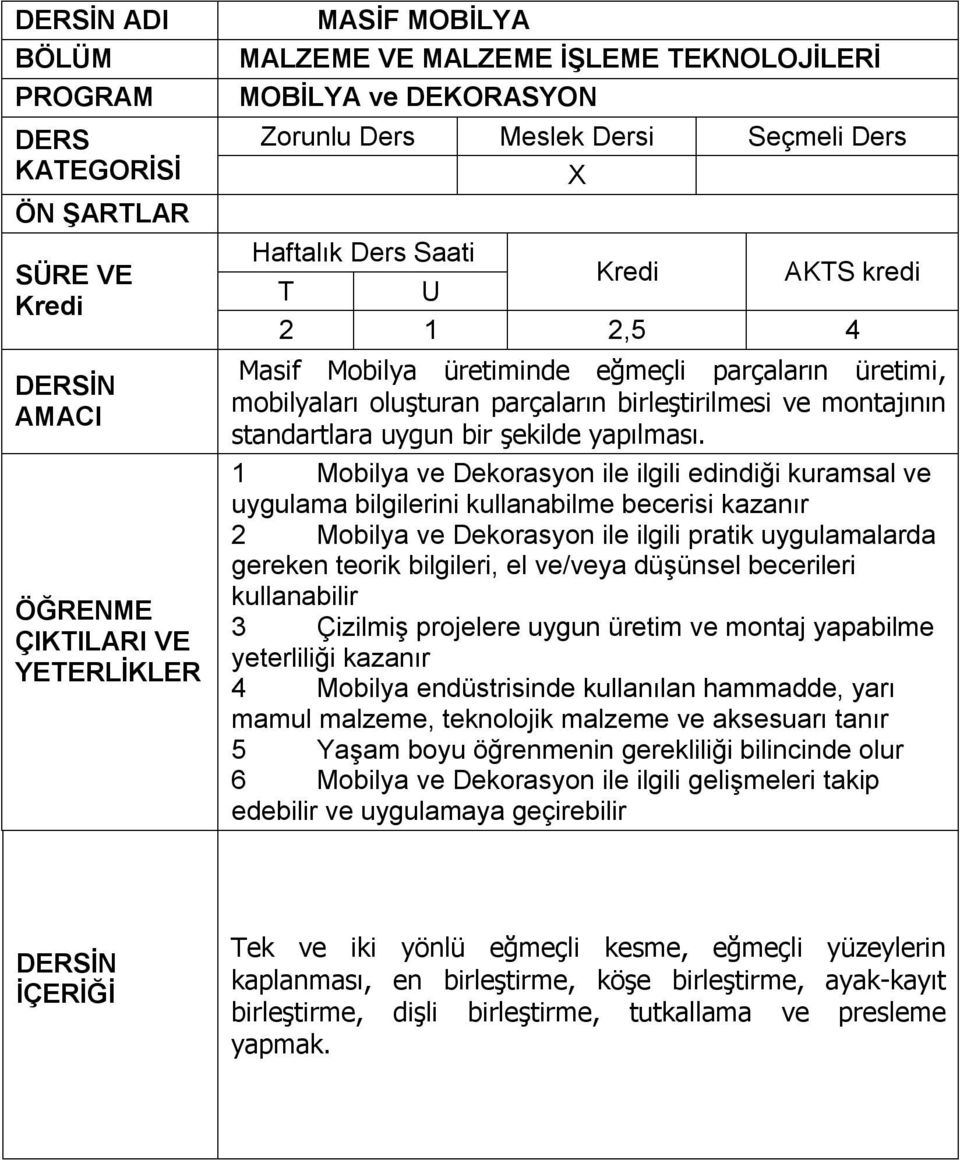 düşünsel becerileri kullanabilir 3 Çizilmiş projelere uygun üretim ve montaj yapabilme yeterliliği kazanır 4 Mobilya endüstrisinde kullanılan hammadde, yarı mamul malzeme, teknolojik malzeme ve