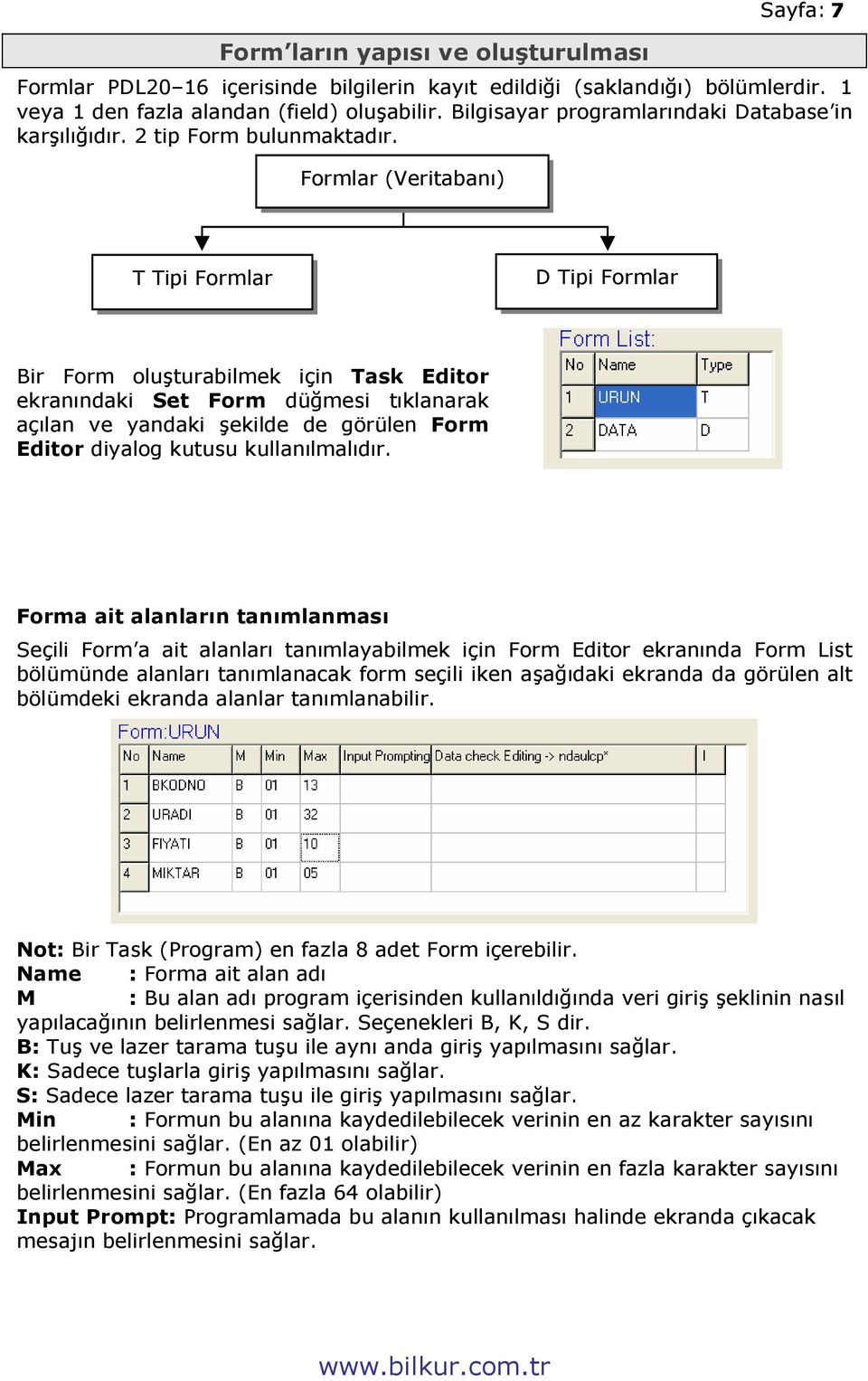 Formlar (Veritabanı) T Tipi Formlar D Tipi Formlar Bir Form oluşturabilmek için Task Editor ekranındaki Set Form düğmesi tıklanarak açılan ve yandaki şekilde de görülen Form Editor diyalog kutusu