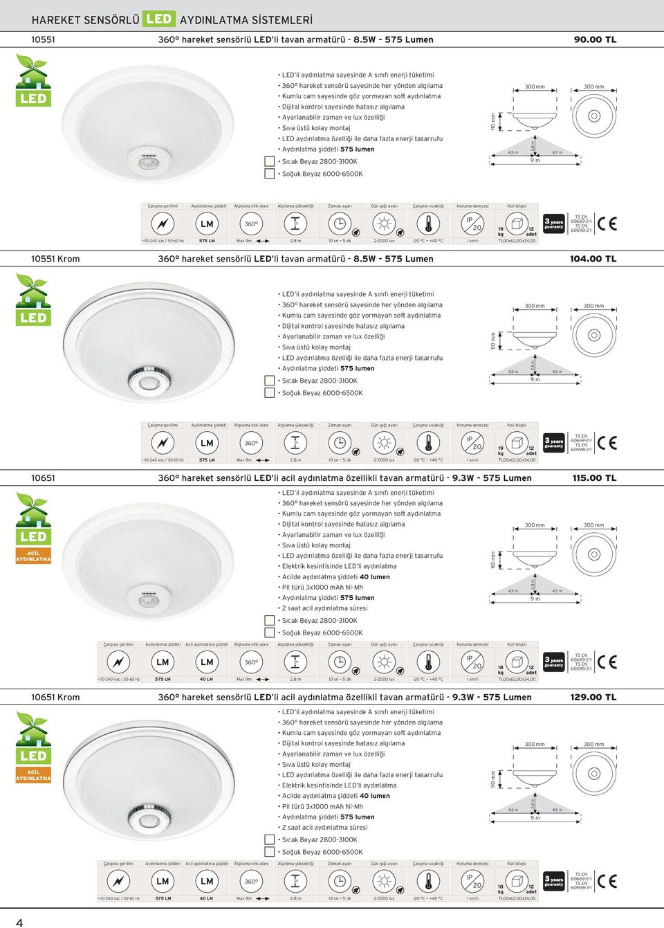 aydınlatma özelli i ile daa fazla enerji tasarrufu Ayd nlatma fliddeti 575 lumen S cak Beyaz 003100K So uk Beyaz 60006500K 19 1 606691 60591 ~11040 Vac / 5060 Hz 575 00 lux C ~ +40 C 71,00x6,00x34,00