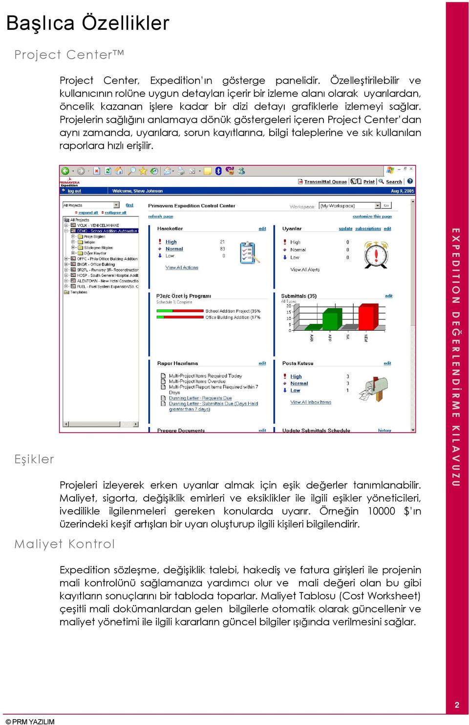 Projelerin sağlığını anlamaya dönük göstergeleri içeren Project Center dan aynı zamanda, uyarılara, sorun kayıtlarına, bilgi taleplerine ve sık kullanılan raporlara hızlı erişilir.