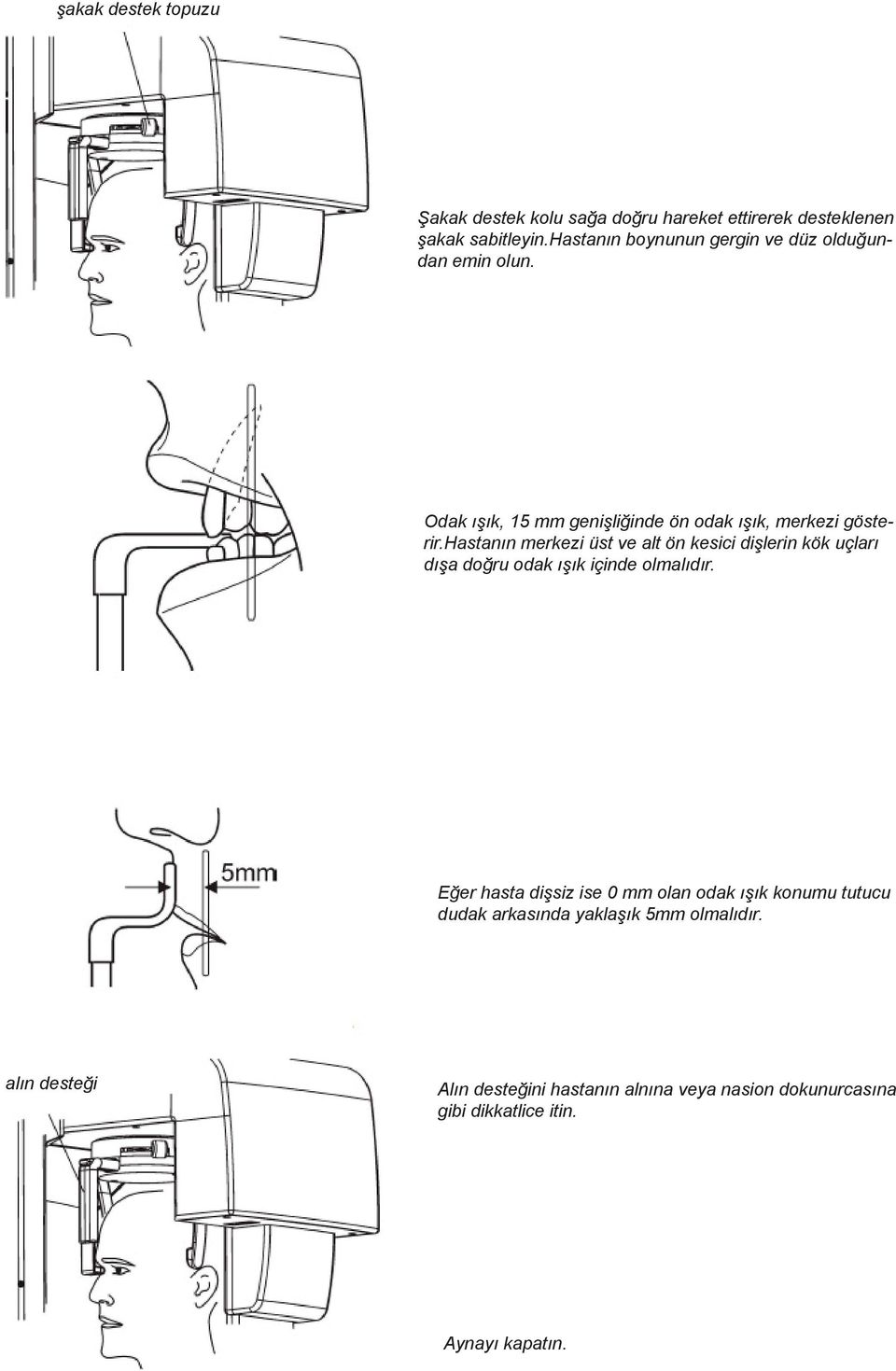 hastanın merkezi üst ve alt ön kesici dişlerin kök uçları dışa doğru odak ışık içinde olmalıdır.