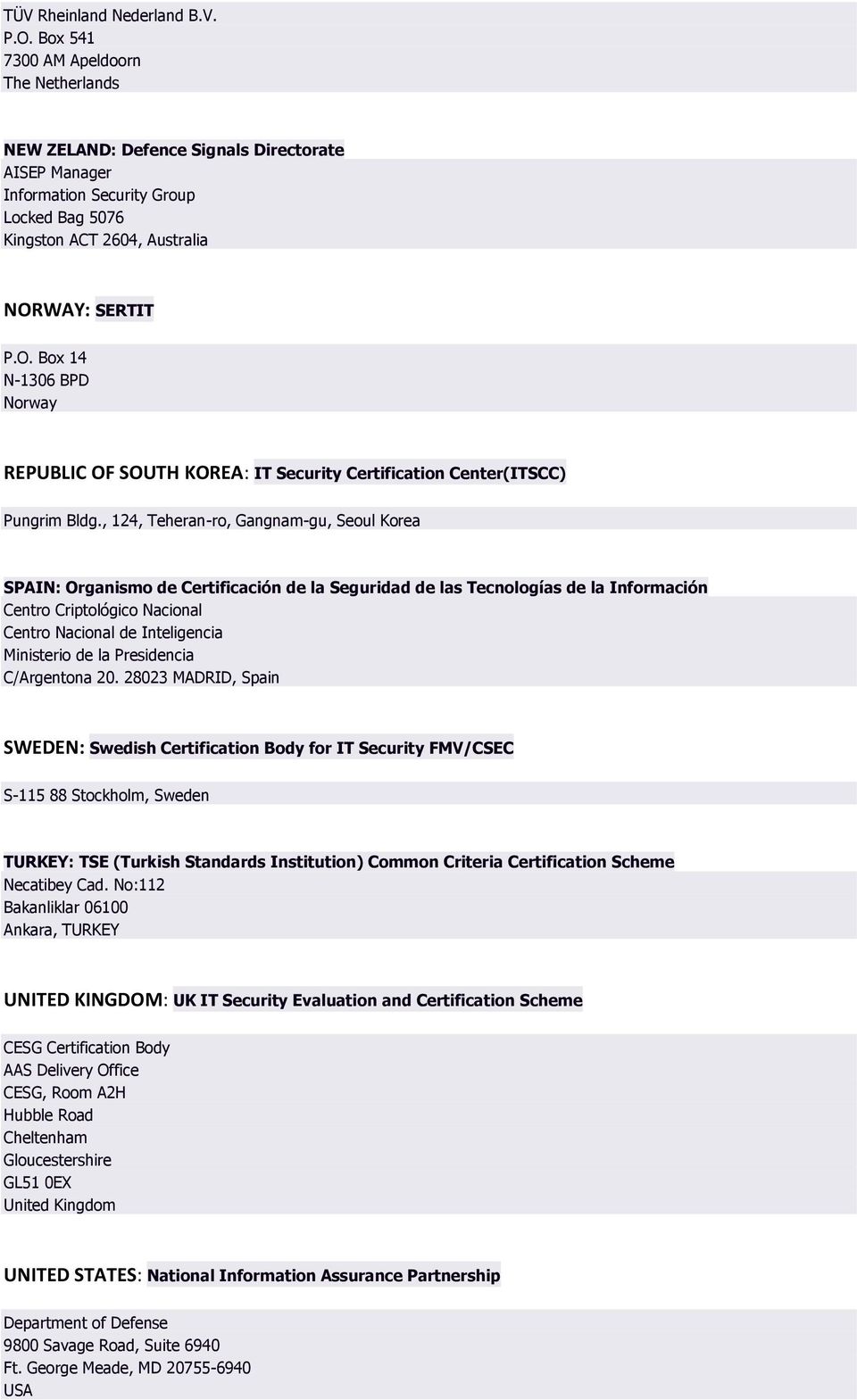 WAY: SERTIT P.O. Box 14 N-1306 BPD Norway REPUBLIC OF SOUTH KOREA: IT Security Certification Center(ITSCC) Pungrim Bldg.