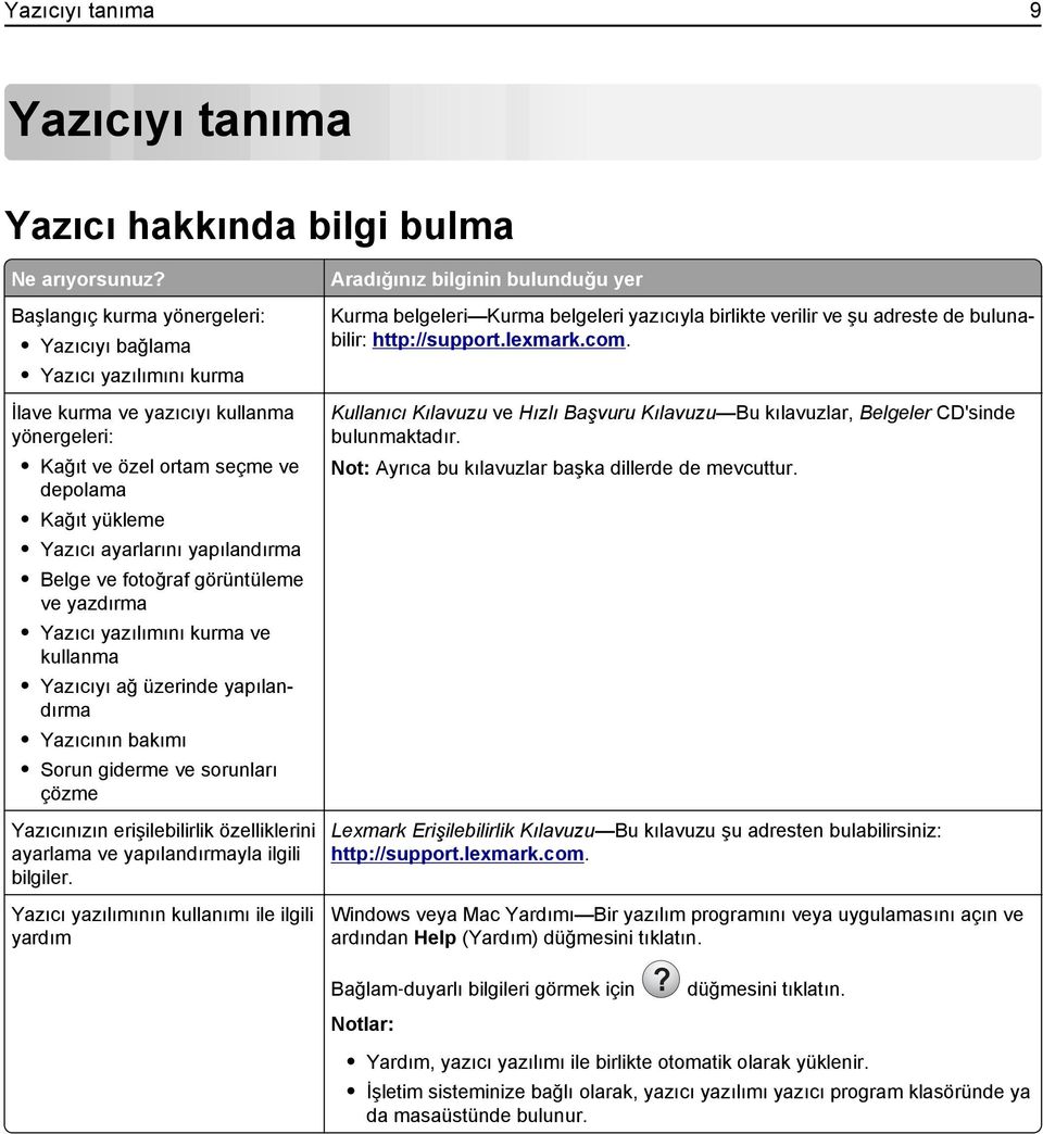 Belge ve fotoğraf görüntüleme ve yazdırma Yazıcı yazılımını kurma ve kullanma Yazıcıyı ağ üzerinde yapılandırma Yazıcının bakımı Sorun giderme ve sorunları çözme Yazıcınızın erişilebilirlik