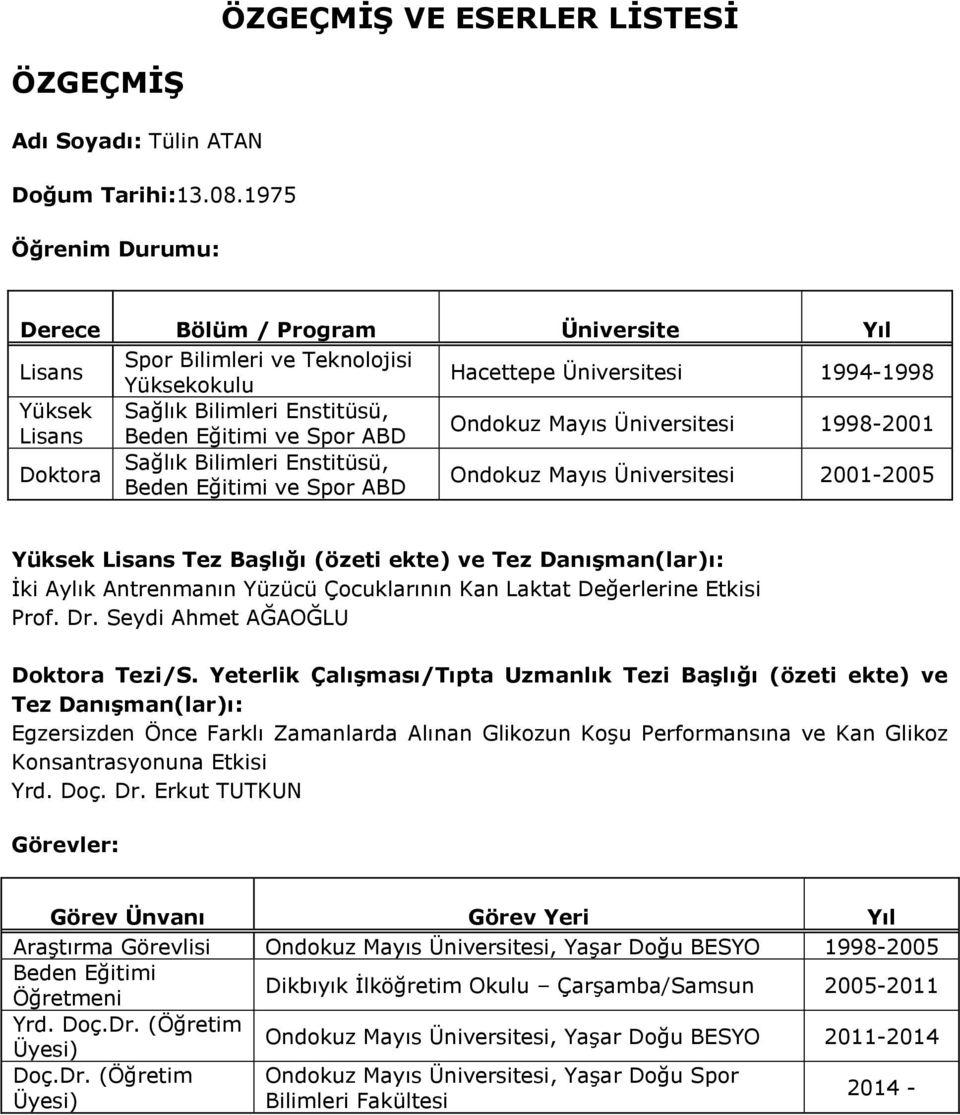 Spor ABD Ondokuz Mayıs Üniversitesi 1998-001 Doktora Sağlık Bilimleri Enstitüsü, Beden Eğitimi ve Spor ABD Ondokuz Mayıs Üniversitesi 001-005 Yüksek Lisans Tez Başlığı (özeti ekte) ve Tez