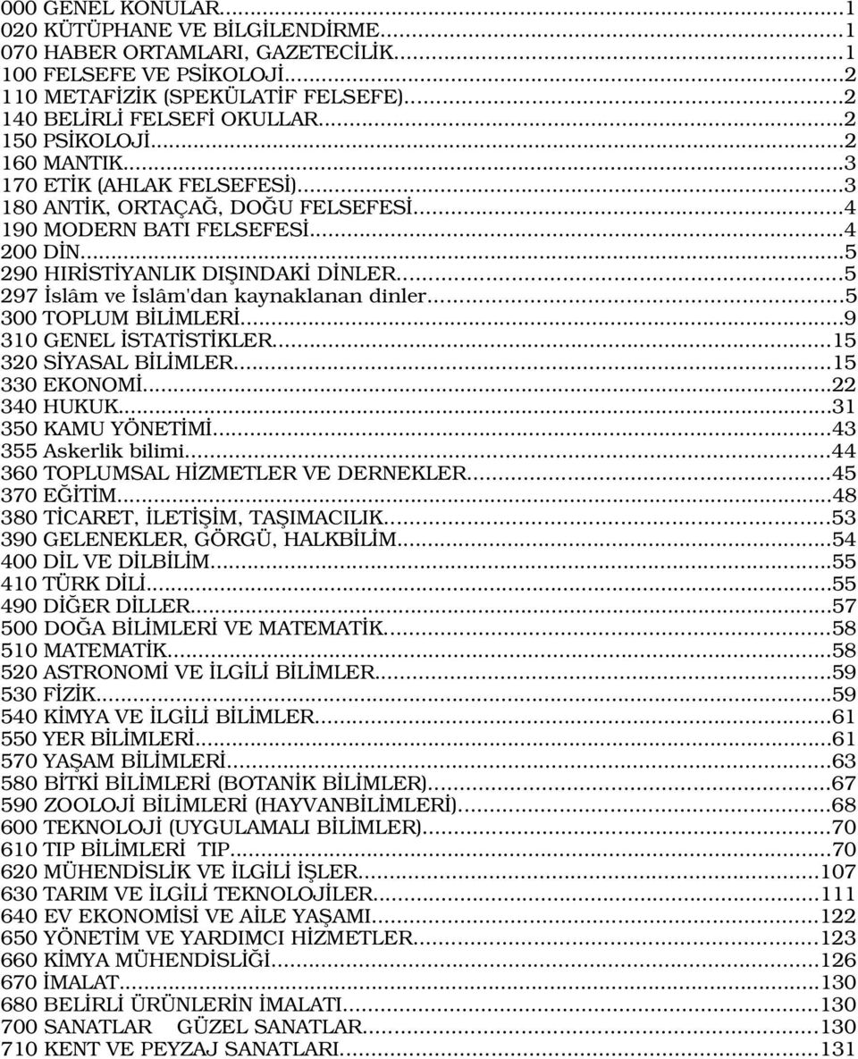 ..5 297 slâm ve slâm'dan kaynaklanan dinler...5 300 TOPLUM B L MLER...9 310 GENEL STAT ST KLER...15 320 S YASAL B L MLER...15 330 EKONOM...22 340 HUKUK...31 350 KAMU YÖNET M...43 355 Askerlik bilimi.