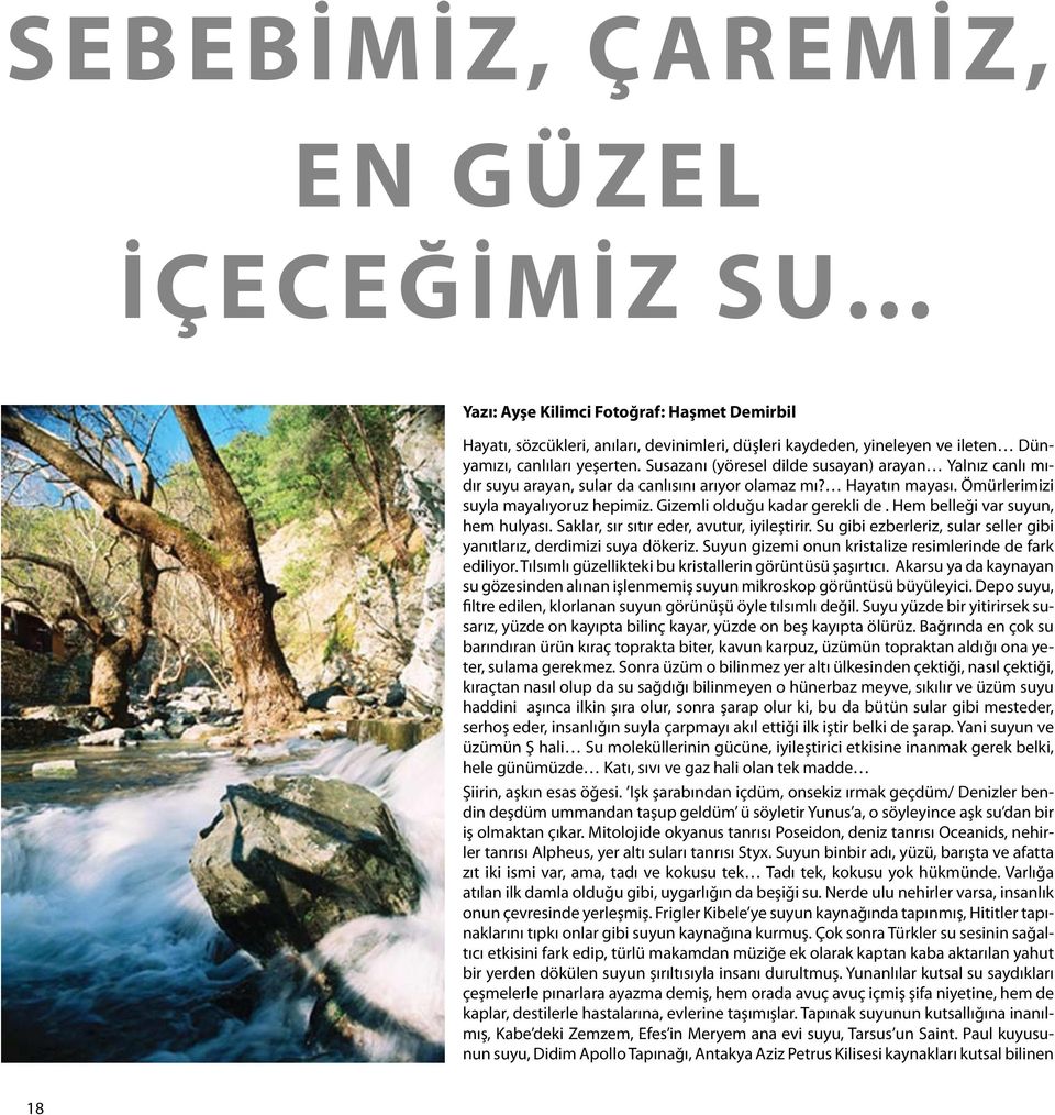 Hem belleği var suyun, hem hulyası. Saklar, sır sıtır eder, avutur, iyileştirir. Su gibi ezberleriz, sular seller gibi yanıtlarız, derdimizi suya dökeriz.