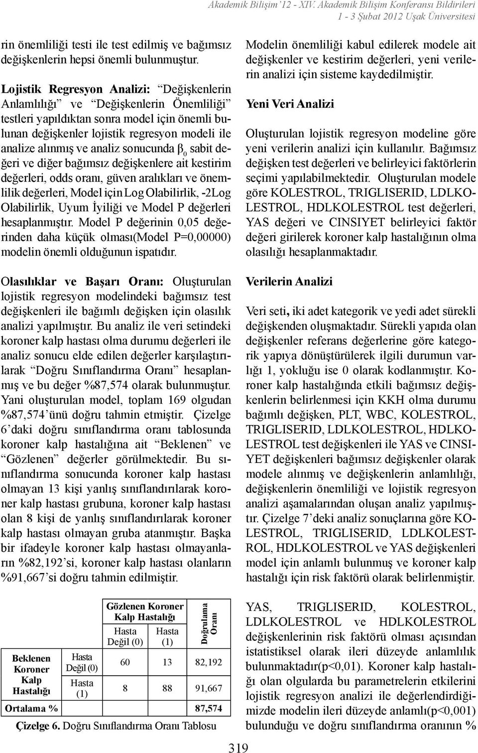 analiz sonucunda β 0 sabit değeri ve diğer bağımsız değişkenlere ait kestirim değerleri, odds oranı, güven aralıkları ve önemlilik değerleri, Model için Log Olabilirlik, -2Log Olabilirlik, Uyum