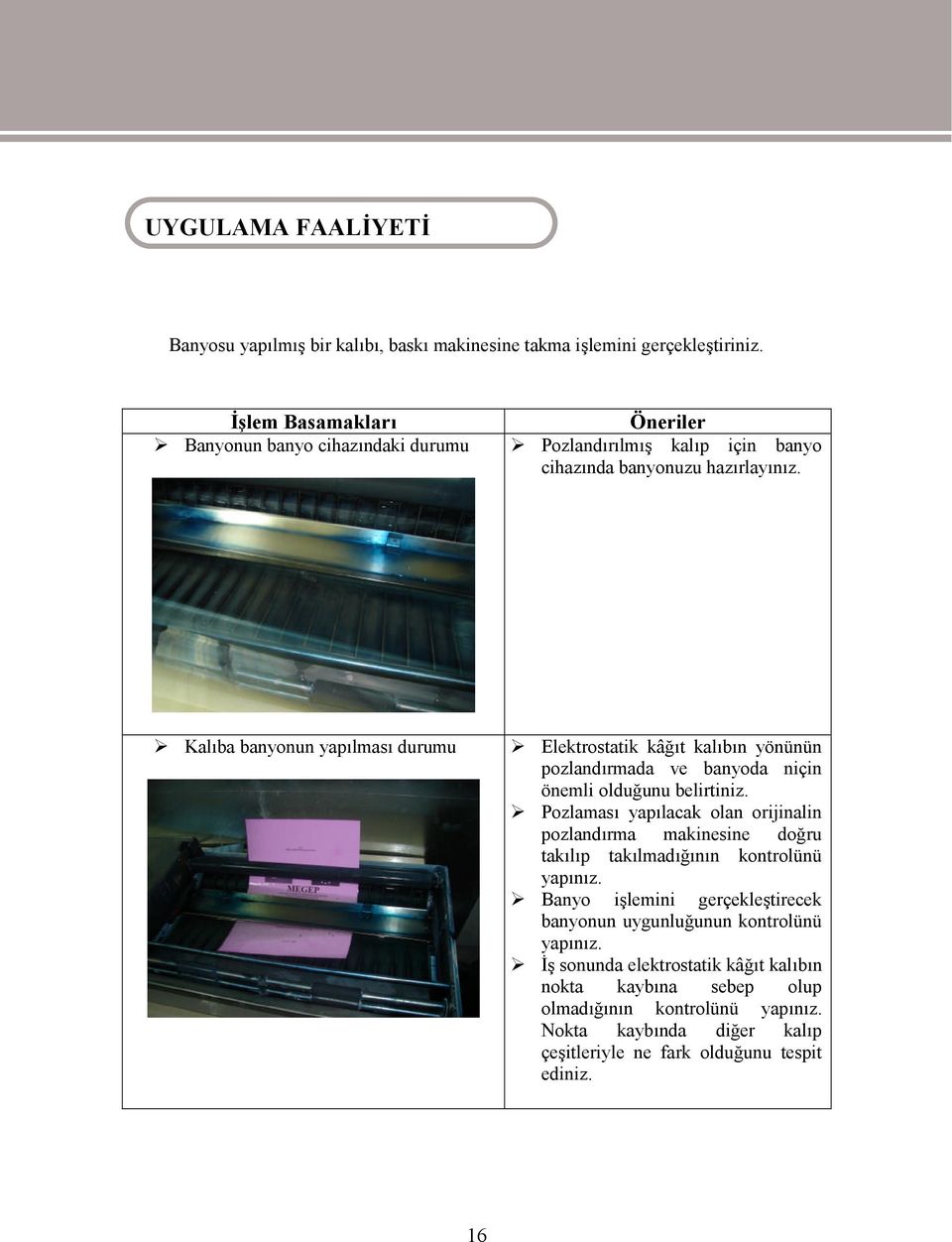 Kalıba banyonun yapılması durumu Elektrostatik kâğıt kalıbın yönünün pozlandırmada ve banyoda niçin önemli olduğunu belirtiniz.