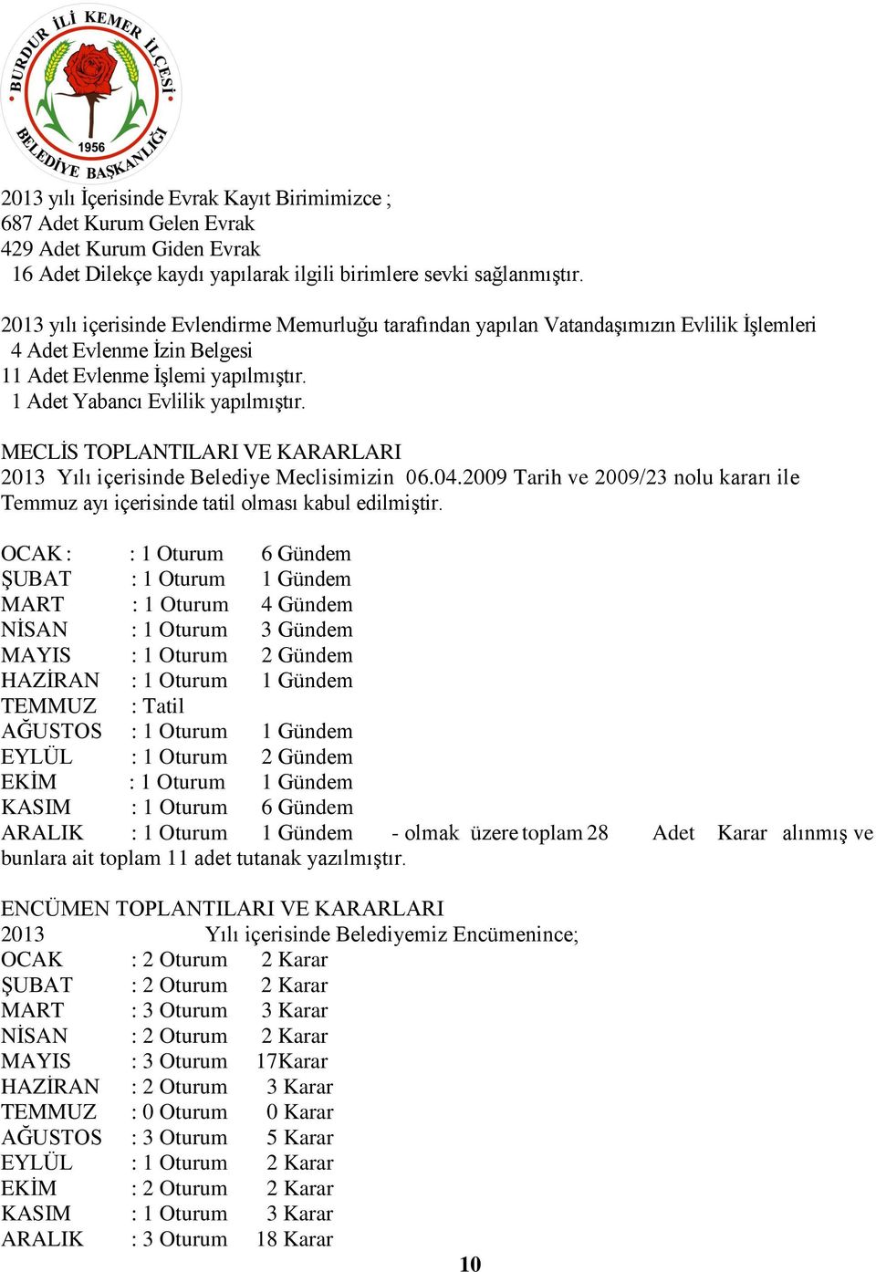 MECLİS TOPLANTILARI VE KARARLARI 2013 Yılı içerisinde Belediye Meclisimizin 06.04.2009 Tarih ve 2009/23 nolu kararı ile Temmuz ayı içerisinde tatil olması kabul edilmiştir.