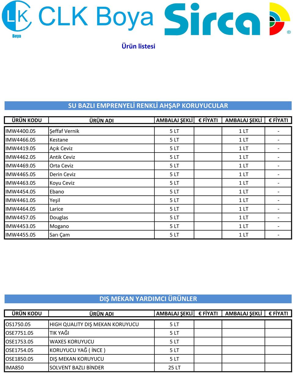 05 Yeşil 5 LT IMW4464.05 Larice 5 LT IMW4457.05 Douglas 5 LT IMW4453.05 Mogano 5 LT IMW4455.05 Sarı Çam 5 LT DIŞ MEKAN YARDIMCI ÜRÜNLER OS1750.