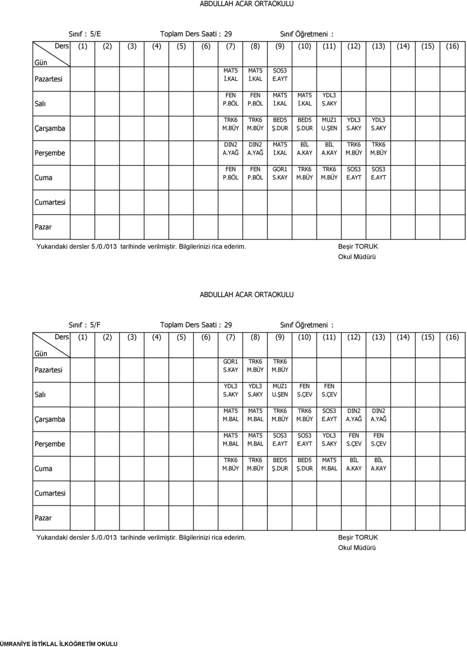 BÜY E.AYT E.AYT Sınıf : 5/F Toplam Ders Saati : 29 Sınıf Öğretmeni : GOR1 TRK6 TRK6 S.KAY M.BÜY M.BÜY YDL3 YDL3 MUZ1 FEN S.AKY S.AKY U.ŞEN S.ÇEV MAT5 MAT5 TRK6 TRK6 M.BAL M.BAL M.BÜY M.BÜY MAT5 MAT5 SOS3 SOS3 M.