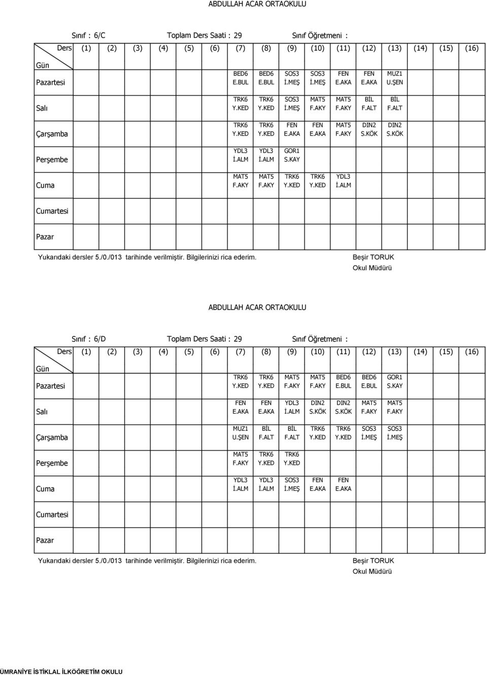 ALM Sınıf : 6/D Toplam Ders Saati : 29 Sınıf Öğretmeni : TRK6 TRK6 MAT5 MAT5 Y.KED Y.KED F.AKY F.AKY FEN FEN YDL3 DIN2 E.AKA E.AKA İ.ALM S.KÖK MUZ1 BİL BİL TRK6 U.ŞEN F.ALT F.ALT Y.