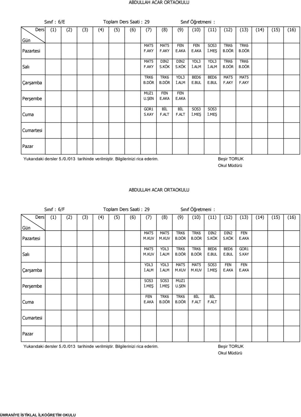 MEŞ Sınıf : 6/F Toplam Ders Saati : 29 Sınıf Öğretmeni : MAT5 MAT5 TRK6 TRK6 M.KUV M.KUV B.DÖR B.DÖR MAT5 YDL3 TRK6 TRK6 M.KUV İ.ALM B.DÖR B.DÖR YDL3 YDL3 MAT5 MAT5 İ.ALM İ.ALM M.