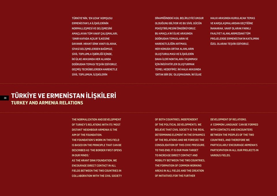 Geçmİş tecrübelerden hareketle sivil toplumun, İlİşkİlerİn dinamiğindeki asıl belirleyici unsur olduğunu biliyor ve bu sivil gücün pekiştirilmesini öngörüyoruz.