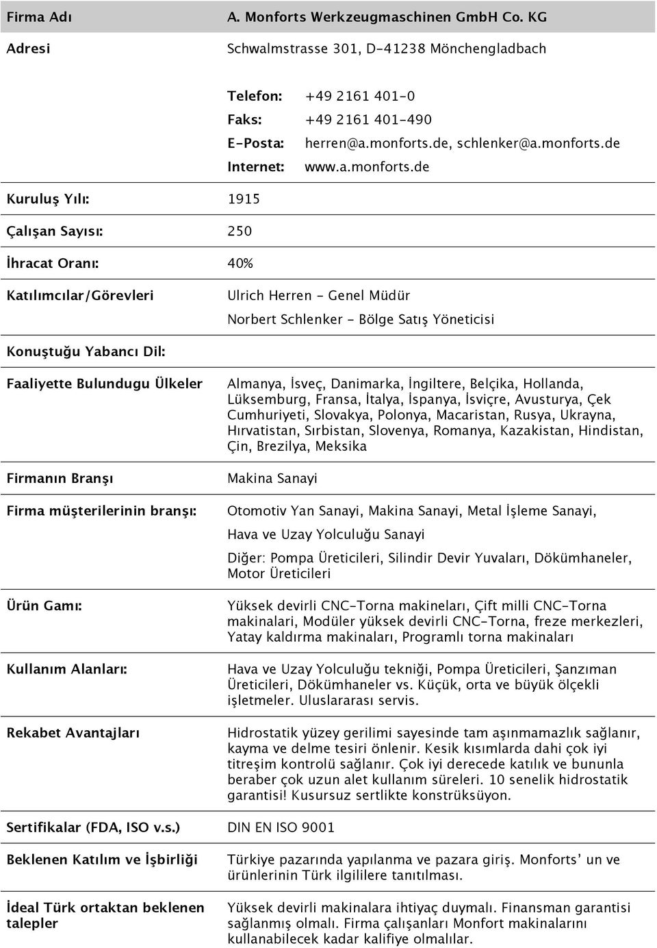 de Kuruluş Yılı: 1915 Çalışan Sayısı: 250 İhracat Oranı: 40% Ulrich Herren - Genel Müdür Norbert Schlenker - Bölge Satış Yöneticisi Ürün Gamı: Almanya, İsveç, Danimarka, İngiltere, Belçika, Hollanda,