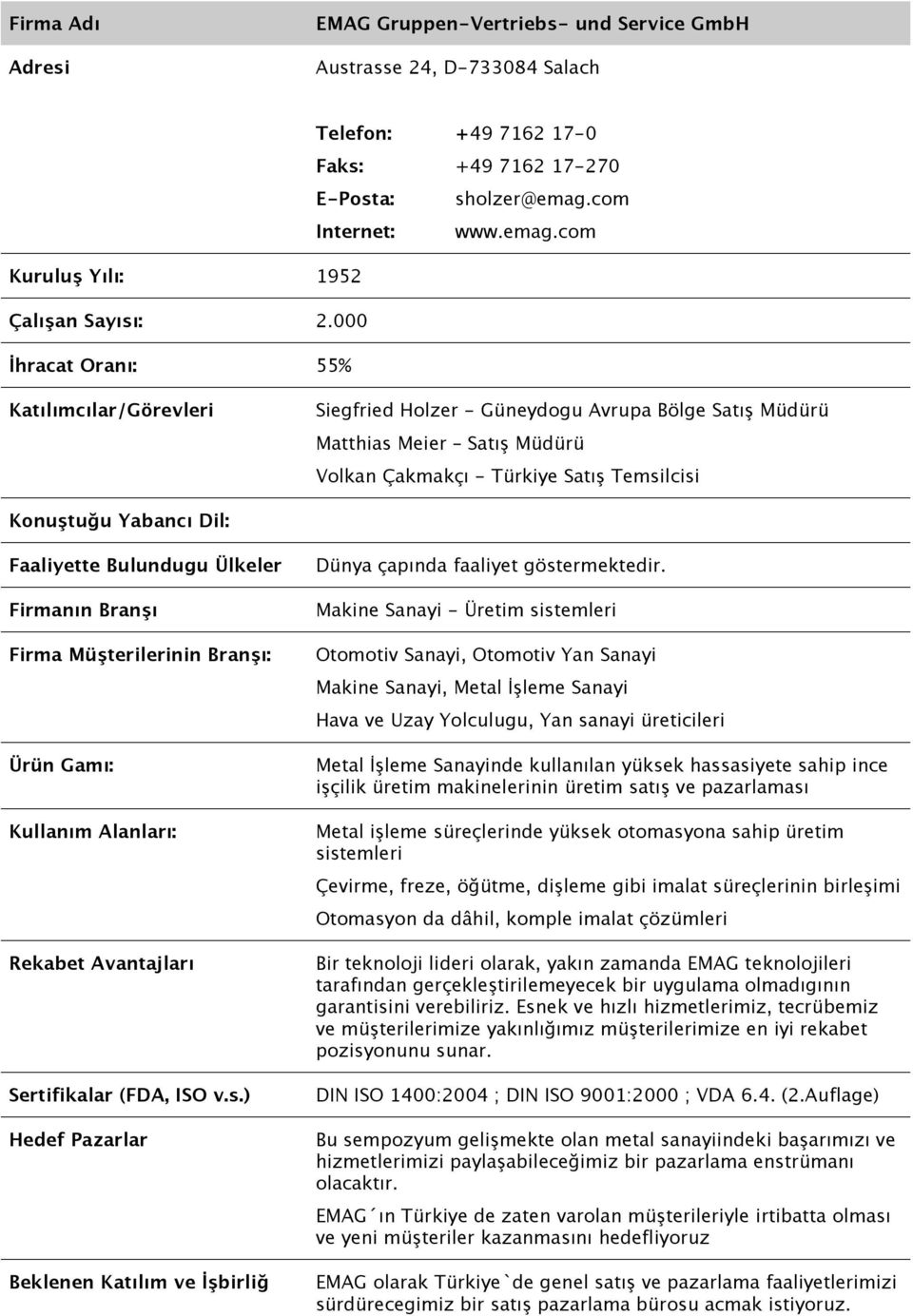 Sertifikalar (FDA, ISO v.s.) Beklenen Katılım ve İşbirliğ Dünya çapında faaliyet göstermektedir.