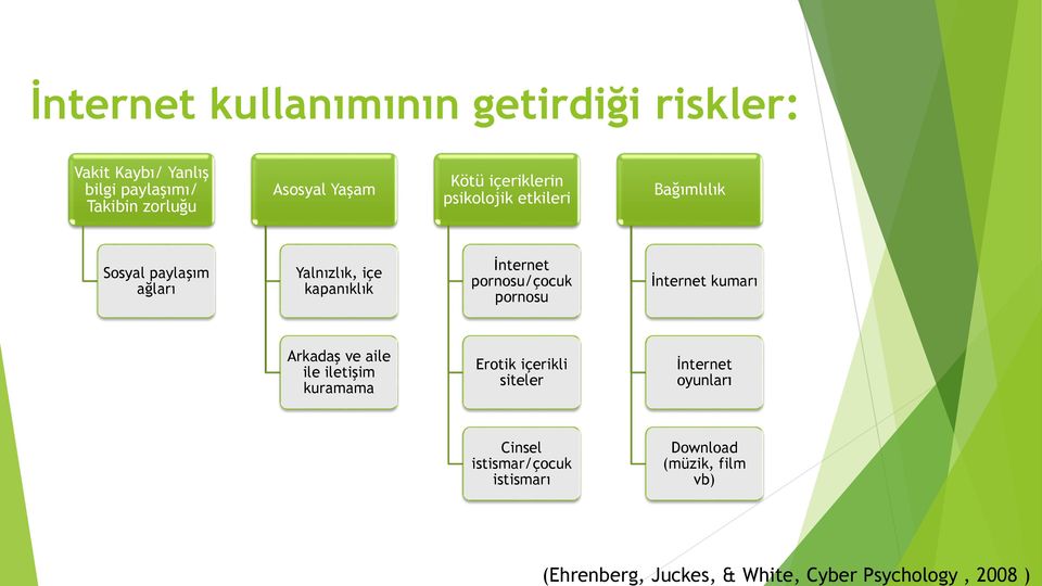 paylaşım ağları Yalnızlık, içe kapanıklık İnternet pornosu/çocuk pornosu İnternet kumarı Arkadaş ve aile ile