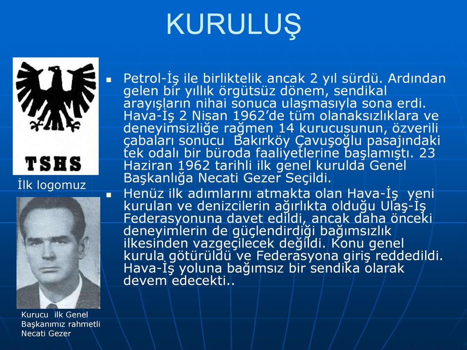 23 Haziran 1962 tarihli ilk genel kurulda Genel Başkanlığa Necati Gezer Seçildi.