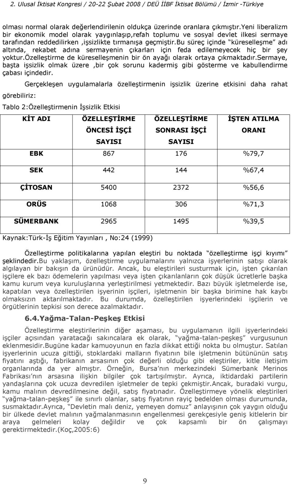 bu süreç içinde küreselleme ad altnda, rekabet adna sermayenin çkarlar için feda edilemeyecek hiç bir ey yoktur.özelletirme de küresellemenin bir ön aya% olarak ortaya çkmaktadr.