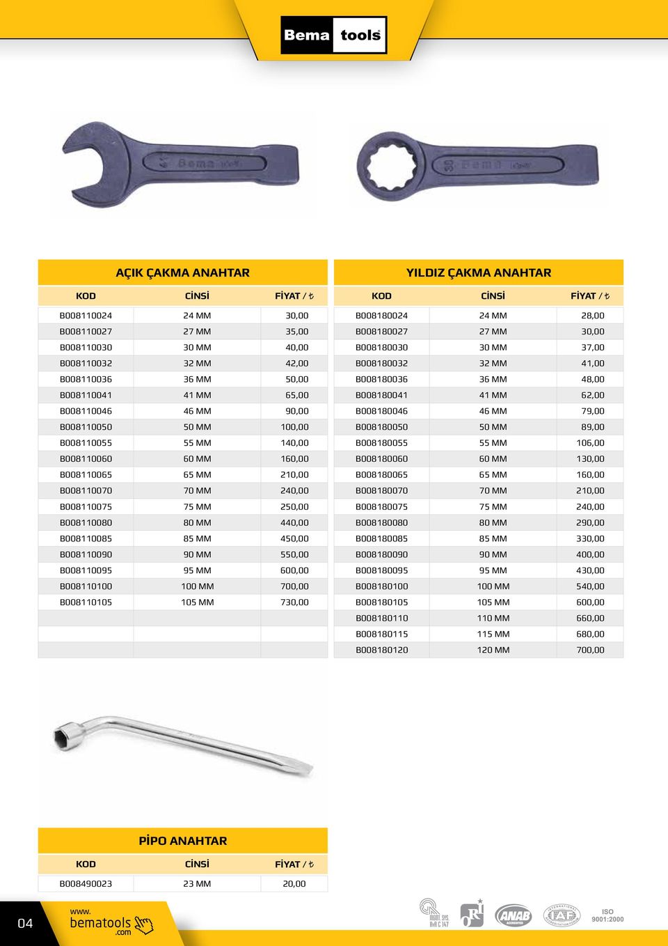 B008110095 95 MM 600,00 B008110100 100 MM 700,00 B008110105 105 MM 730,00 YILDIZ ÇAKMA ANAHTAR B008180024 24 MM 28,00 B008180027 27 MM 30,00 B008180030 30 MM 37,00 B008180032 32 MM 41,00 B008180036