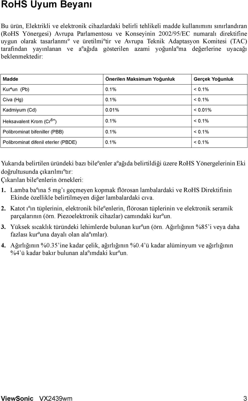 Maksimum Yoğunluk Gerçek Yoğunluk Kurºun (Pb) 0.1% < 0.1% Civa (Hg) 0.1% < 0.1% Kadmiyum (Cd) 0.01% < 0.01% Heksavalent Krom (Cr 6+ ) 0.1% < 0.1% Polibrominat bifeniller (PBB) 0.1% < 0.1% Polibrominat difenil eterler (PBDE) 0.