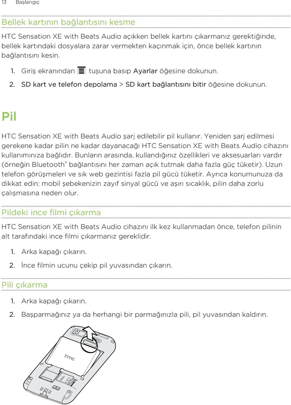 Pil HTC Sensation XE with Beats Audio şarj edilebilir pil kullanır. Yeniden şarj edilmesi gerekene kadar pilin ne kadar dayanacağı HTC Sensation XE with Beats Audio cihazını kullanımınıza bağlıdır.