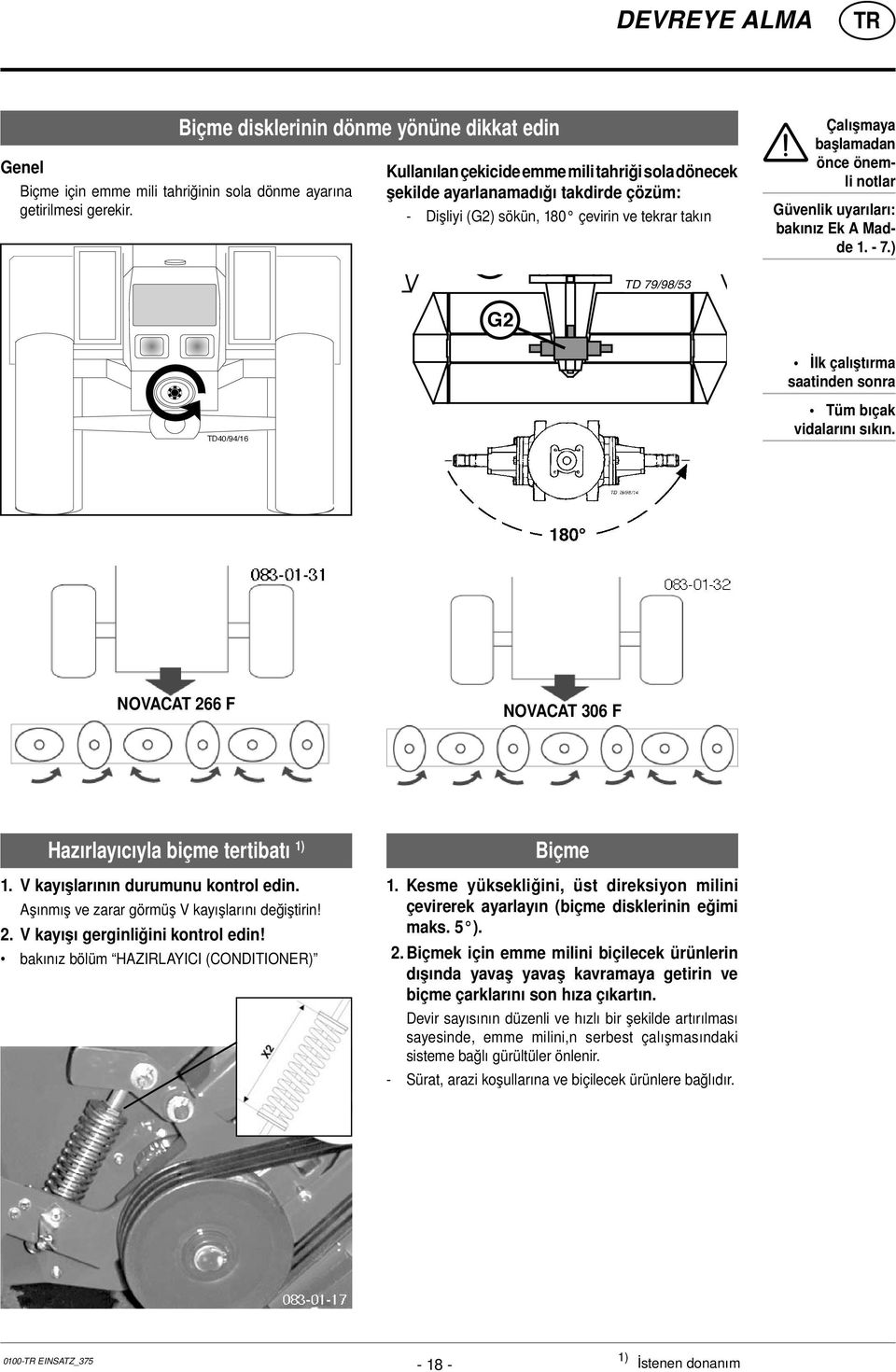 Güvenlik uyarıları: bakınız Ek A Madde 1. - 7.) G2 İlk çalıştırma saatinden sonra TD40/94/16 Tüm bıçak vidalarını sıkın. NOVACAT 266 F NOVACAT 306 F Hazırlayıcıyla biçme tertibatı 1) 1.