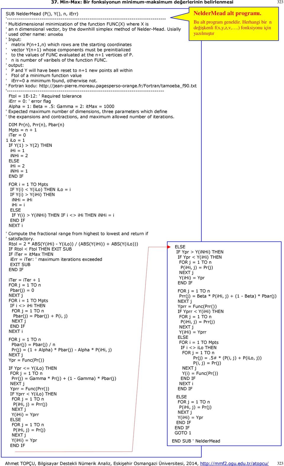 ) fonksiyonu için ' used other name: amoeba yazılmıştır ' Input: ' matrix P(n+1,n) which rows are the starting coordinates ' vector Y(n+1) whose components must be preinitialized ' to the values of