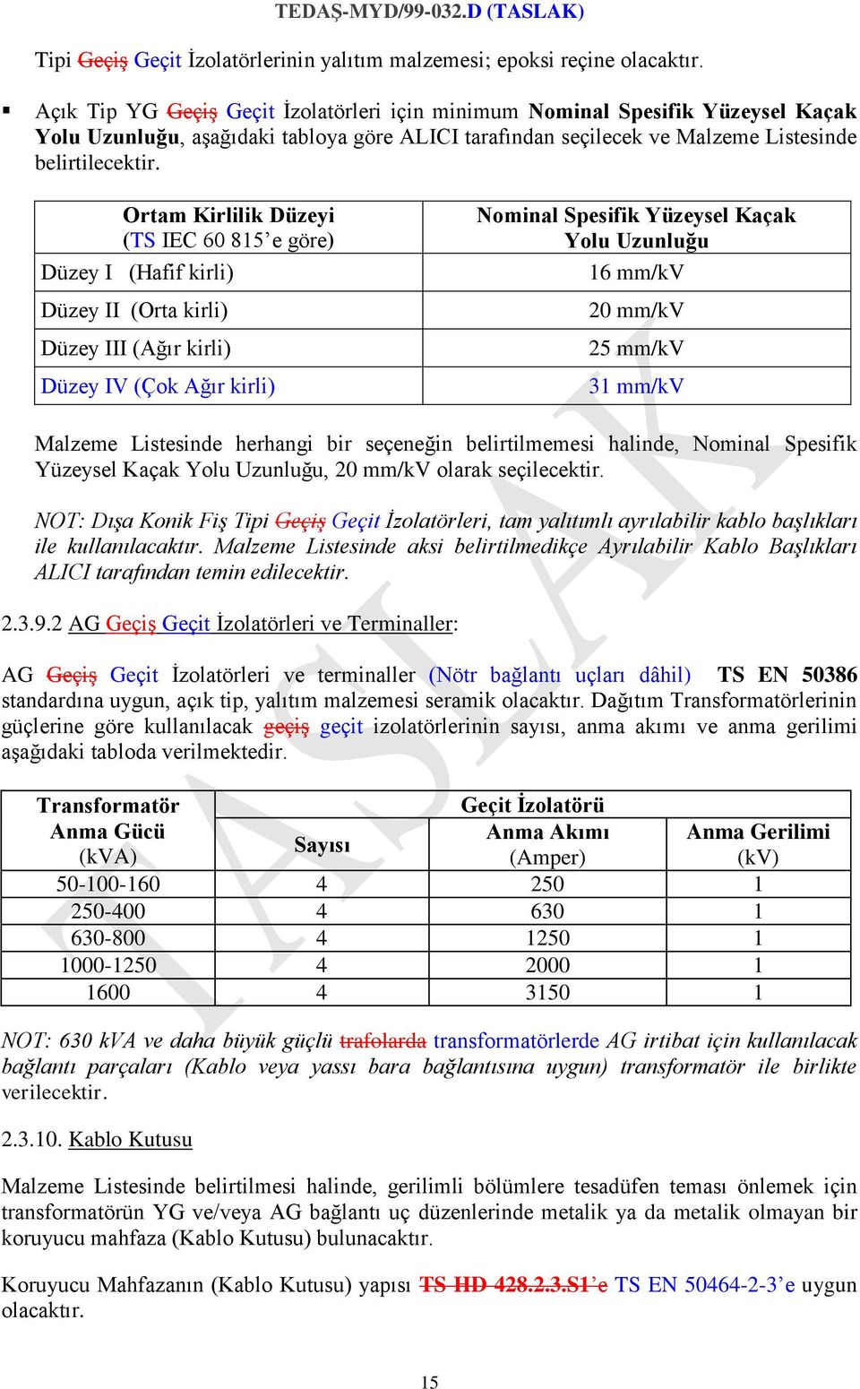 Ortam Kirlilik Düzeyi (TS IEC 60 815 e göre) Düzey I (Hafif kirli) Düzey II (Orta kirli) Düzey III (Ağır kirli) Düzey IV (Çok Ağır kirli) Nominal Spesifik Yüzeysel Kaçak Yolu Uzunluğu 16 mm/kv 20