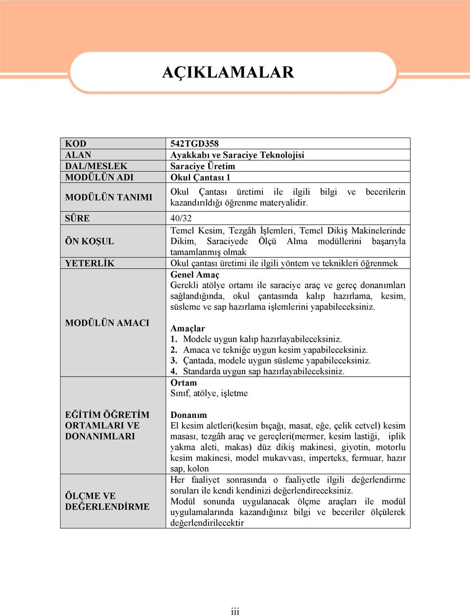 SÜRE 40/32 Temel Kesim, Tezgâh İşlemleri, Temel Dikiş Makinelerinde ÖN KOŞUL Dikim, Saraciyede Ölçü Alma modüllerini başarıyla tamamlanmış olmak YETERLİK Okul çantası üretimi ile ilgili yöntem ve