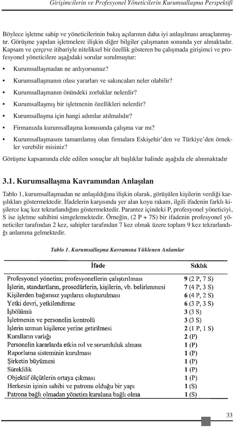 Kapsam ve çerçeve itibariyle niteliksel bir özellik gösteren bu çalışmada girişimci ve profesyonel yöneticilere aşağıdaki sorular sorulmuştur: Kurumsallaşmadan ne anlıyorsunuz?