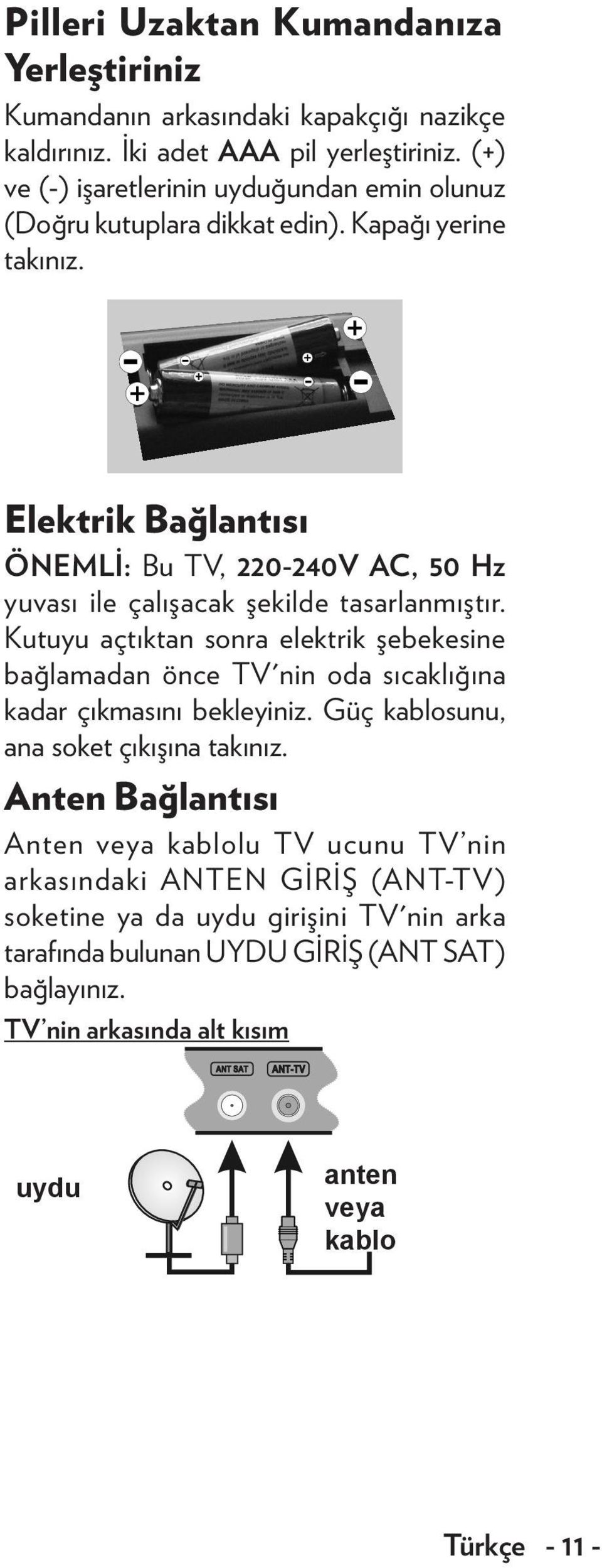 Elektrik Bağlantısı ÖNEMLİ: Bu TV, 220-240V AC, 50 Hz yuvası ile çalışacak şekilde tasarlanmıştır.