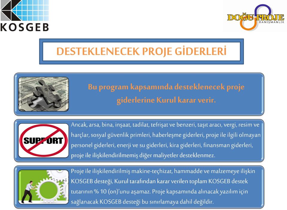 personel giderleri, enerji ve su giderleri, kira giderleri, finansman giderleri, proje ile ilişkilendirilmemiş diğer maliyetler desteklenmez.