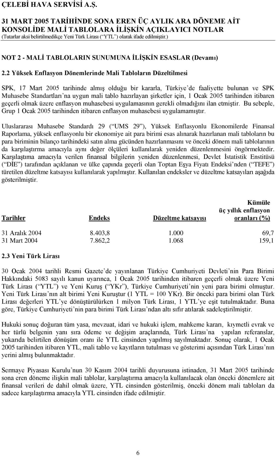 hazırlayan şirketler için, 1 Ocak 2005 tarihinden itibaren geçerli olmak üzere enflasyon muhasebesi uygulamasının gerekli olmadığını ilan etmiştir.