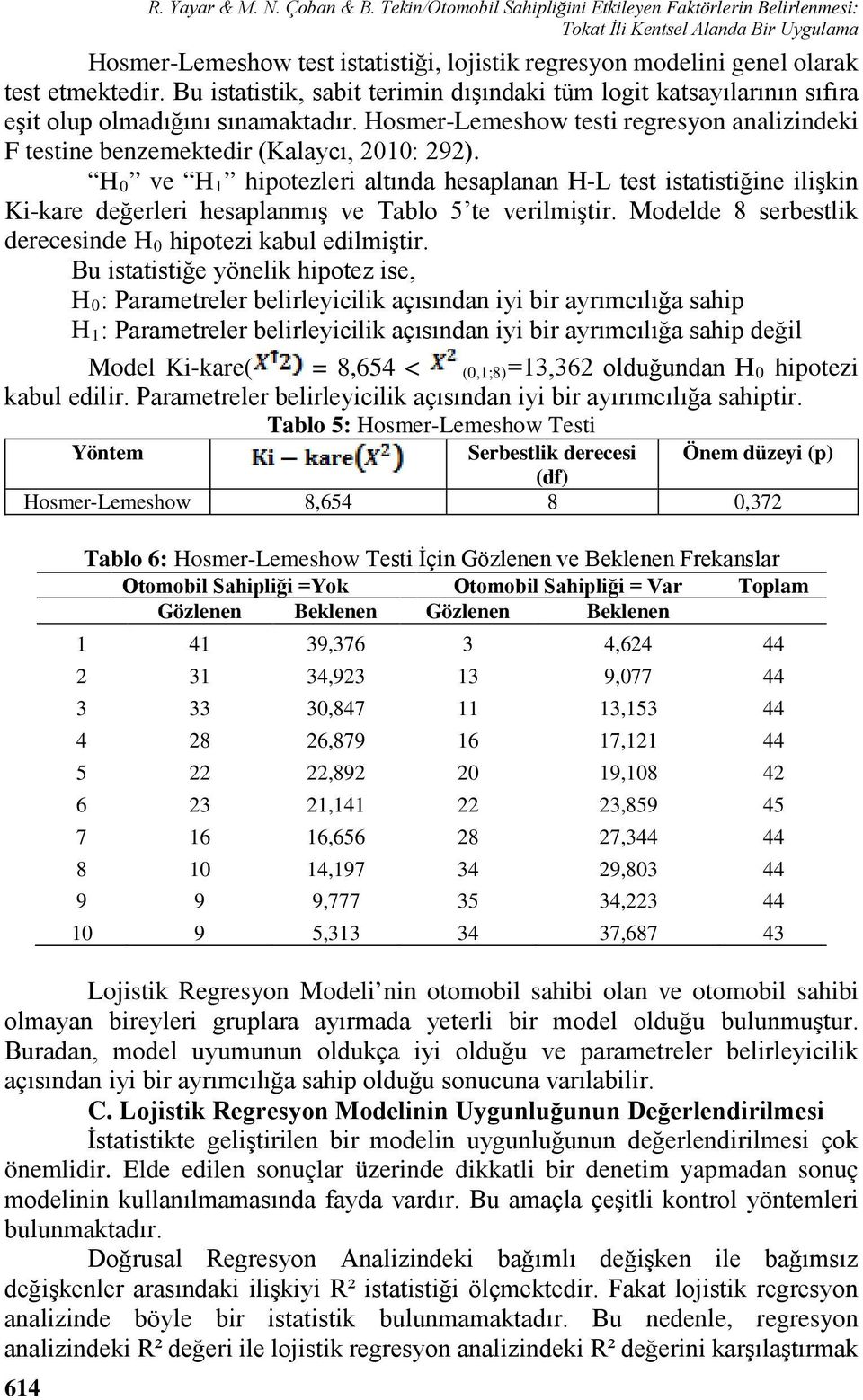 Bu istatistik, sabit terimin dışındaki tüm logit katsayılarının sıfıra eşit olup olmadığını sınamaktadır. Hosmer-Lemeshow testi regresyon analizindeki F testine benzemektedir (Kalaycı, 2010: 292).