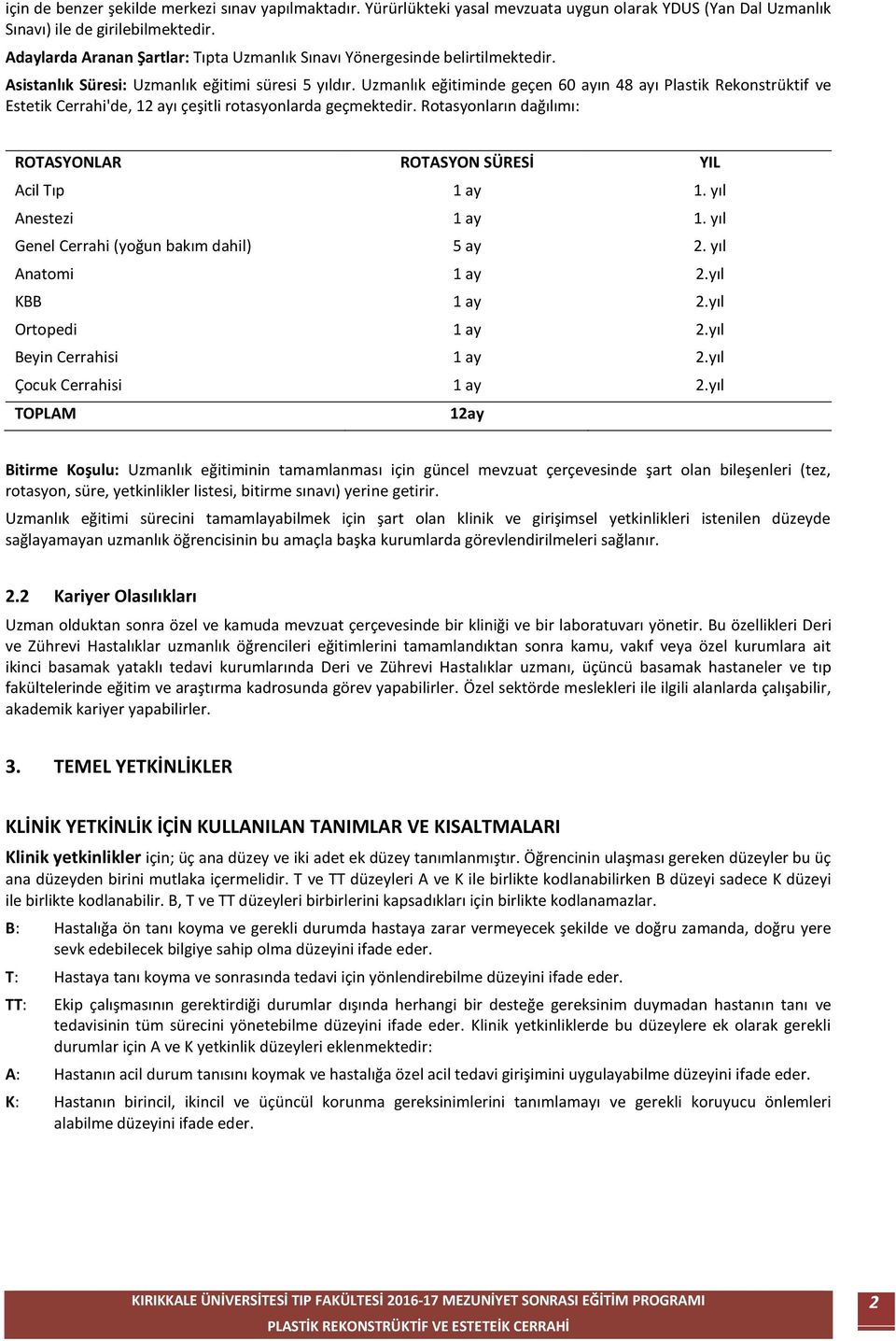 Uzmanlık eğitiminde geçen 60 ayın 48 ayı Plastik Rekonstrüktif ve Estetik Cerrahi'de, 12 ayı çeşitli rotasyonlarda geçmektedir. Rotasyonların dağılımı: ROTASYONLAR ROTASYON SÜRESİ YIL Acil Tıp 1 ay 1.