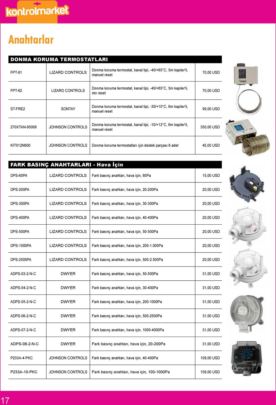 6m kapiler'li, manuel reset 350,00 USD KIT012N600 JOHNSON CONTROLS Donma koruma termostatları için destek parçası 6 adet 45,00 USD FARK BASINÇ ANAHTARLARI - Hava İçin DPS-60PA Fark basınç anahtarı,