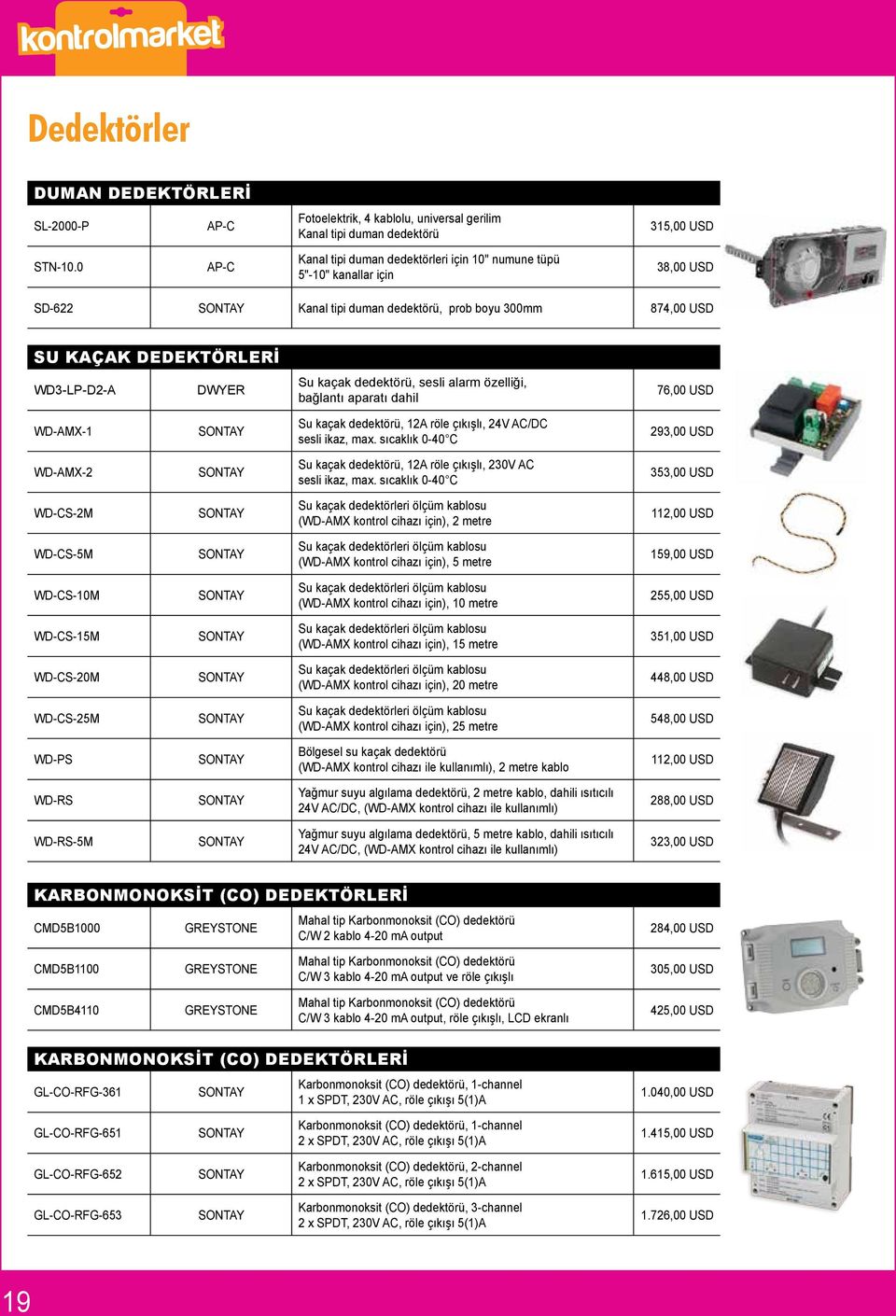 Su kaçak dedektörü, sesli alarm özelliği, bağlantı aparatı dahil 76,00 USD WD-AMX-1 SONTAY Su kaçak dedektörü, 12A röle çıkışlı, 24V AC/DC sesli ikaz, max.