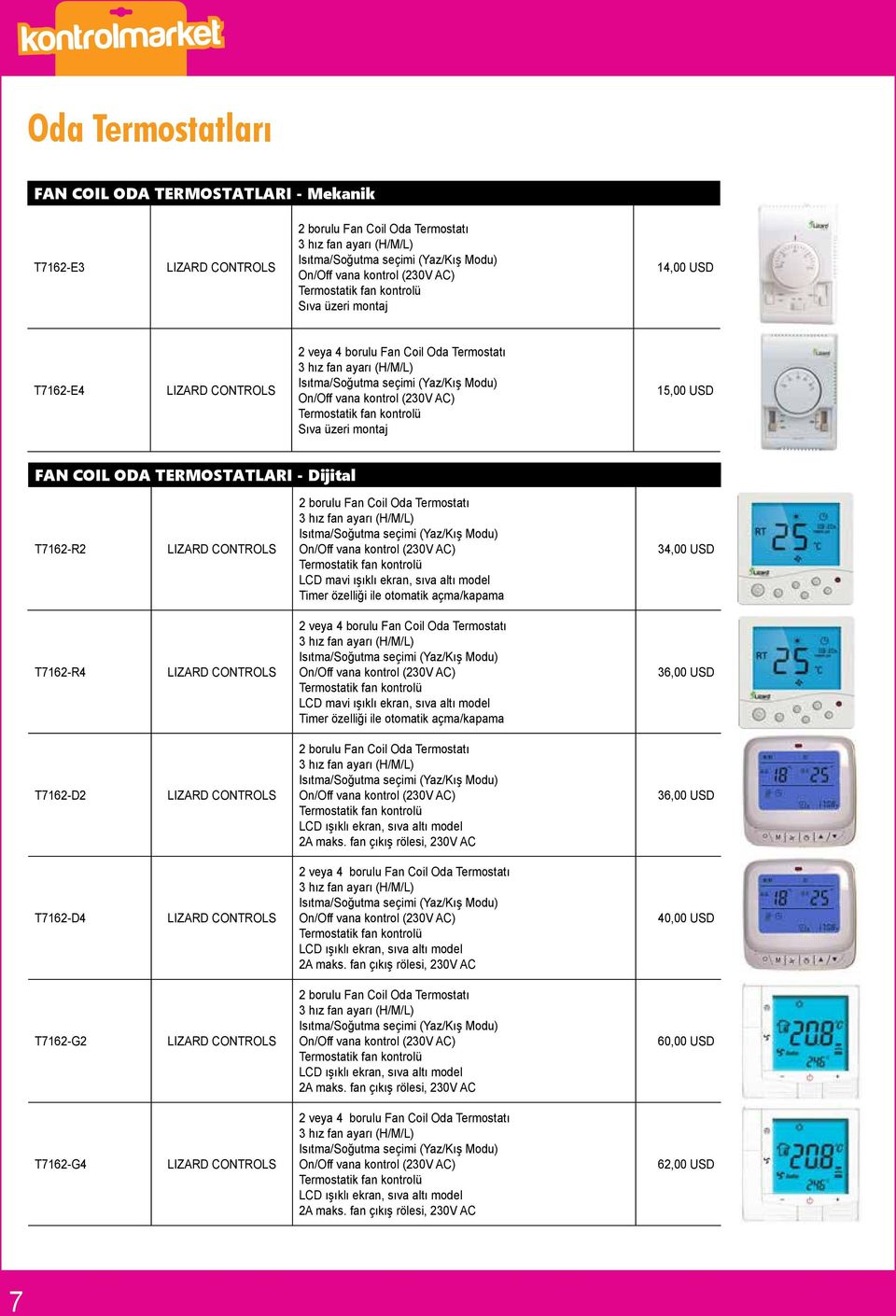 kontrolü Sıva üzeri montaj 15,00 USD FAN COIL ODA TERMOSTATLARI - Dijital T7162-R2 2 borulu Fan Coil Oda Termostatı 3 hız fan ayarı (H/M/L) Isıtma/Soğutma seçimi (Yaz/Kış Modu) On/Off vana kontrol