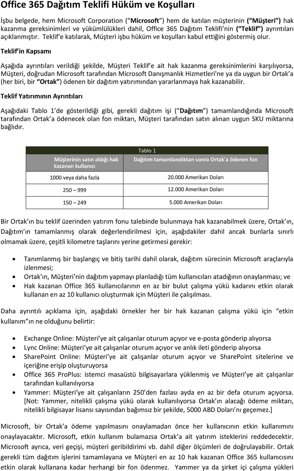 Teklif in Kapsamı Aşağıda ayrıntıları verildiği şekilde, Müşteri Teklif e ait hak kazanma gereksinimlerini karşılıyorsa, Müşteri, doğrudan Microsoft tarafından Microsoft Danışmanlık Hizmetleri'ne ya