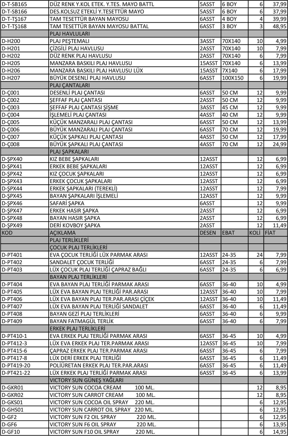 70X140 10 4,99 D-H201 ÇİZGİLİ PLAJ HAVLUSU 2ASST 70X140 10 7,99 D-H202 DÜZ RENK PLAJ HAVLUSU 2ASST 70X140 6 7,99 D-H205 MANZARA BASKILI PLAJ HAVLUSU 15ASST 70X140 6 13,99 D-H206 MANZARA BASKILI PLAJ